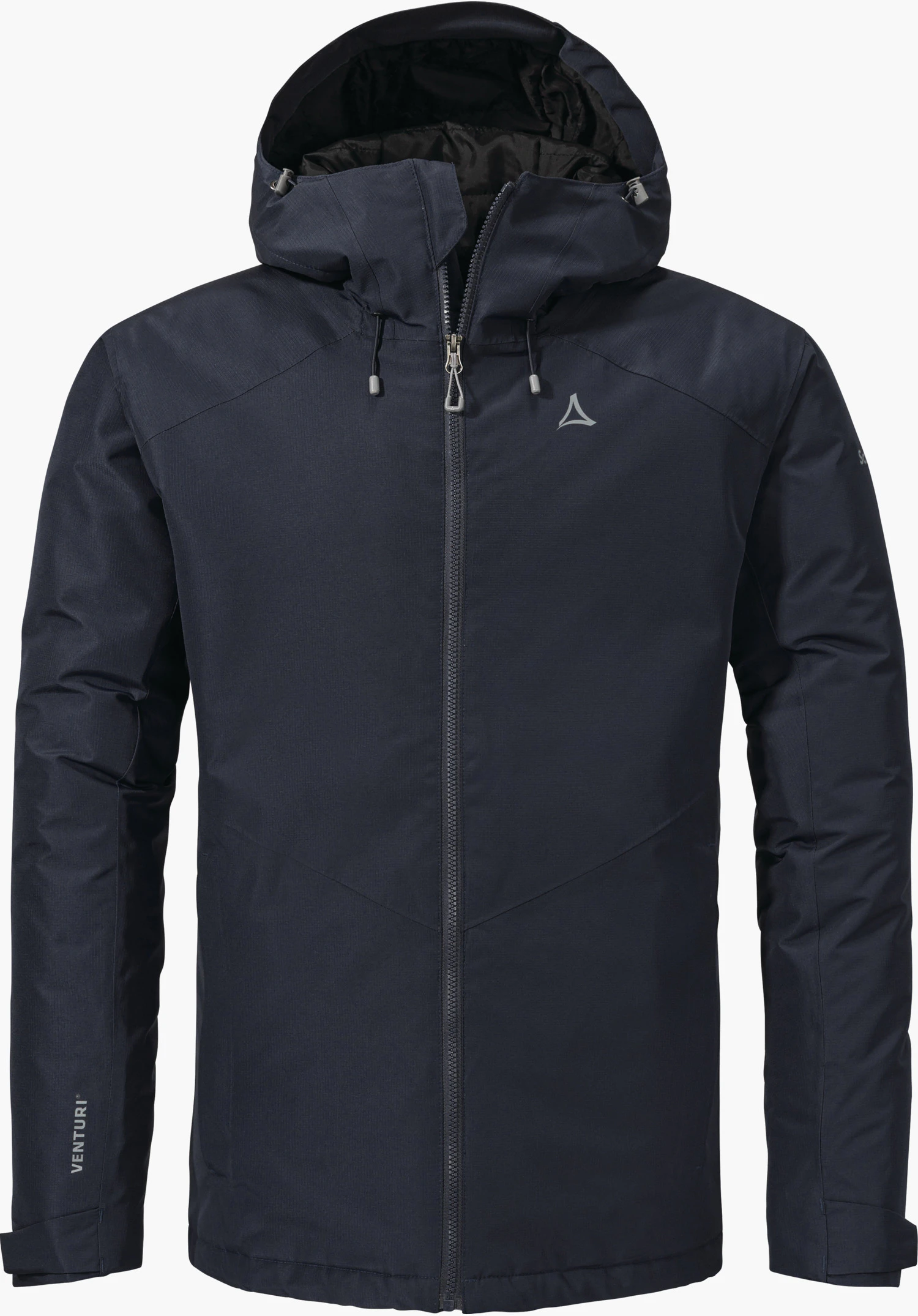 Ins Jacket Style Wildkar MNS Dunkelblaue Isolationsjacke, frontal abgebildet und geschlossen; Kapuze mit Kordelzug; Schöffel-Logo auf der Brust; Schriftzug: "VENTURI®" am linken Ärmel.