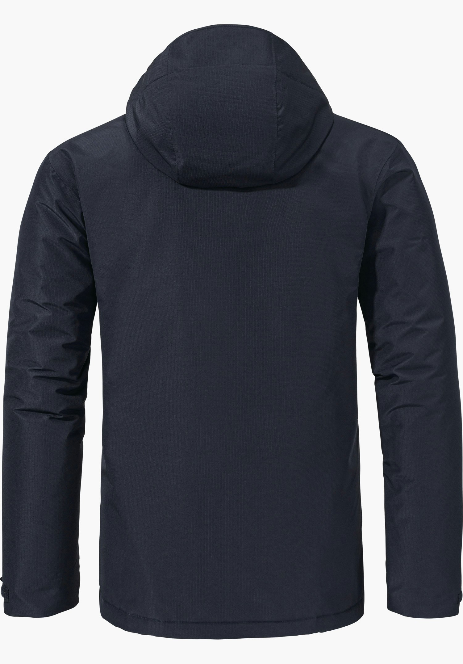 Ins Jacket Style Wildkar MNS dunkelblaue Jacke mit Kapuze, von hinten dargestellt; Ärmel seitlich, glatte Oberfläche mit Nahtdetails, flach präsentiert auf weißem Hintergrund.