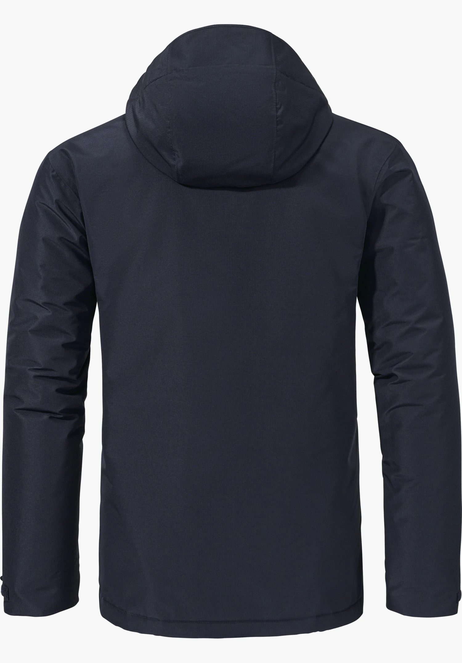 Ins Jacket Style Wildkar MNS dunkelblaue Jacke mit Kapuze, von hinten dargestellt; Ärmel seitlich, glatte Oberfläche mit Nahtdetails, flach präsentiert auf weißem Hintergrund.