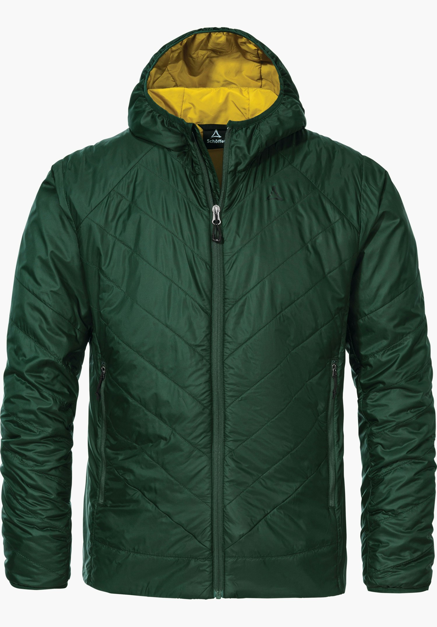 Hiking Ins Jacket Style Cascata MNS Dunkelgrüne Wanderjacke mit Kapuze, leicht gesteppt, frontal präsentiert, geschlossener Reißverschluss; dreickiges schwarzes Schöffel-Logo auf linker Brust, freigestellt vor weißem Hintergrund.