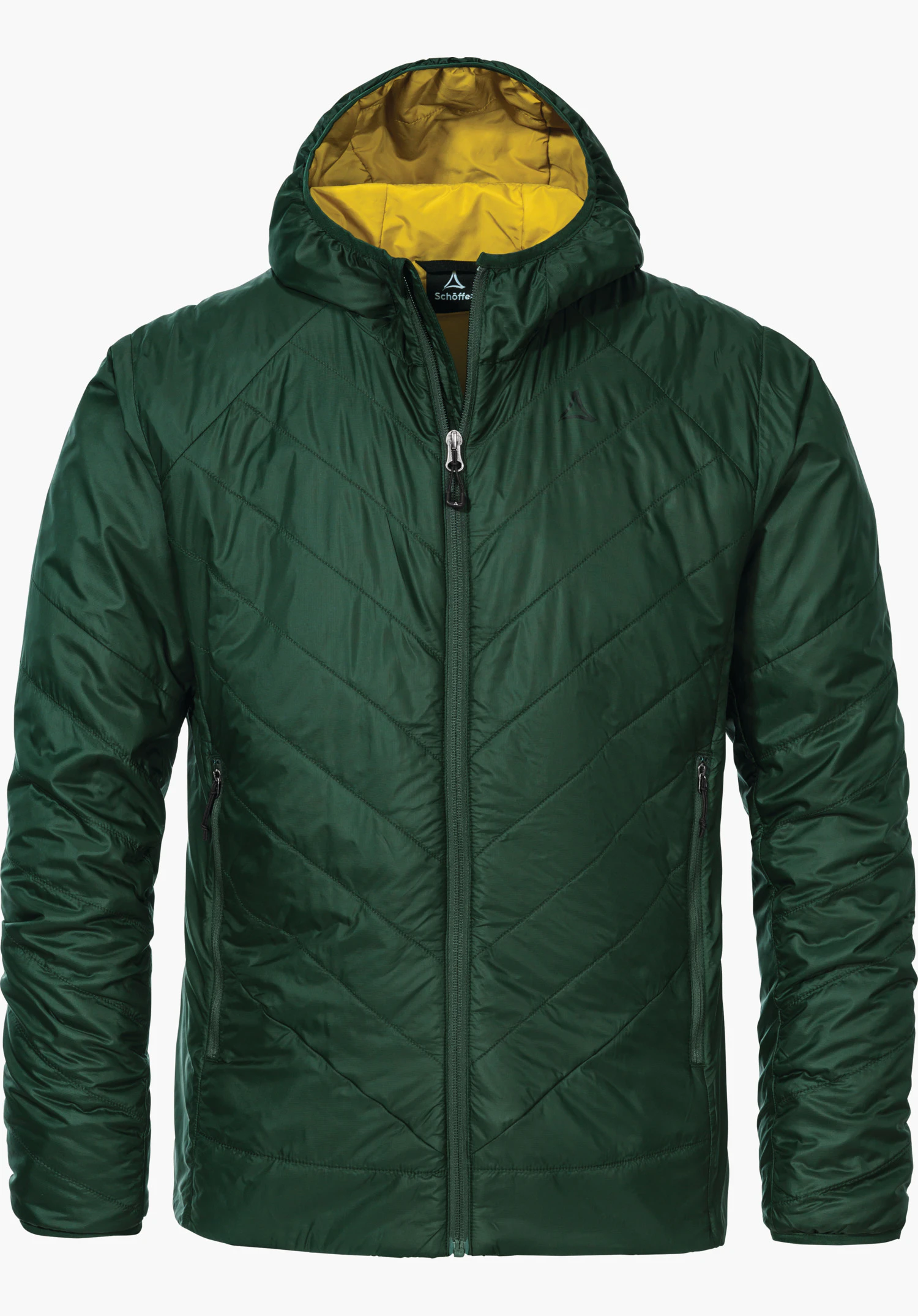 Hiking Ins Jacket Style Cascata MNS dark green hiking jacket with hood, lightly quilted, front view, zip closed; triangular black Schöffel logo on the left chest; isolated on a white background.