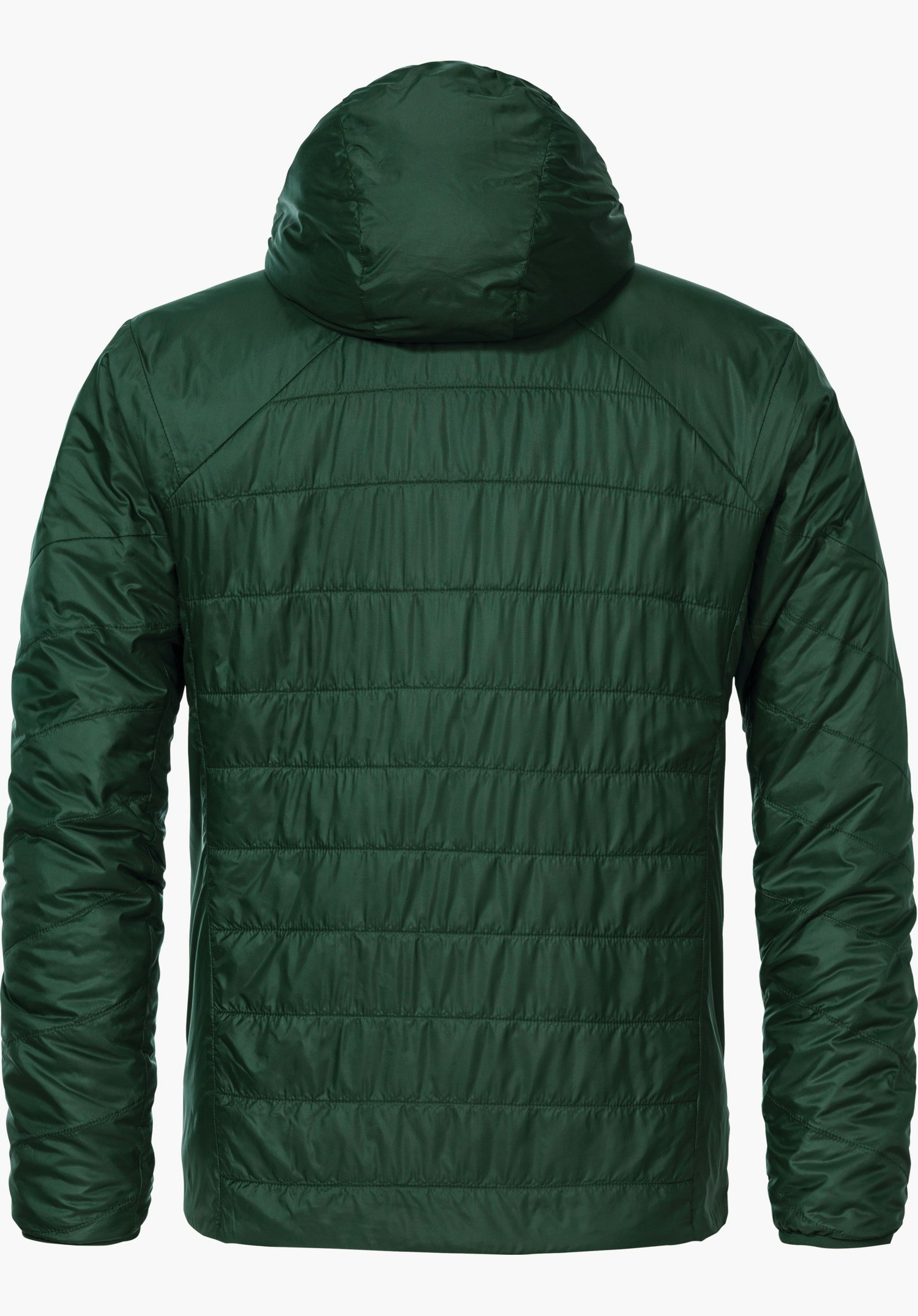 Ins Jacket Style Cascata MNS Jacke, dunkelgrün, zeigt Rückansicht mit aufgesetzter Kapuze, horizontale Steppnähte, Ärmel locker hängend vor weißem Hintergrund.