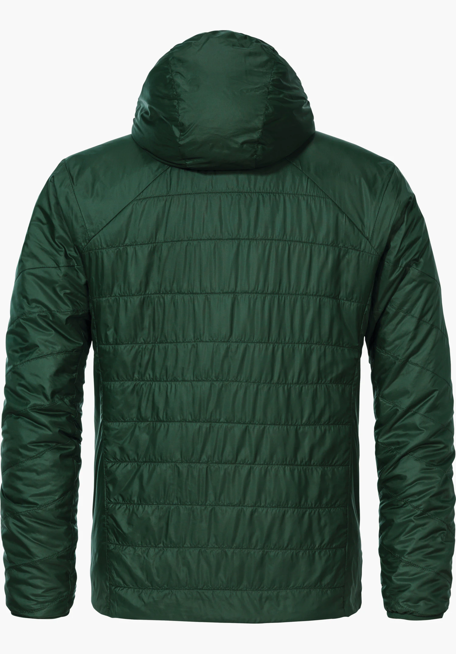 Ins Jacket Style Cascata MNS jacket in dark green, showing the rear view with attached hood, horizontal quilting, sleeves hanging loosely against a white background.