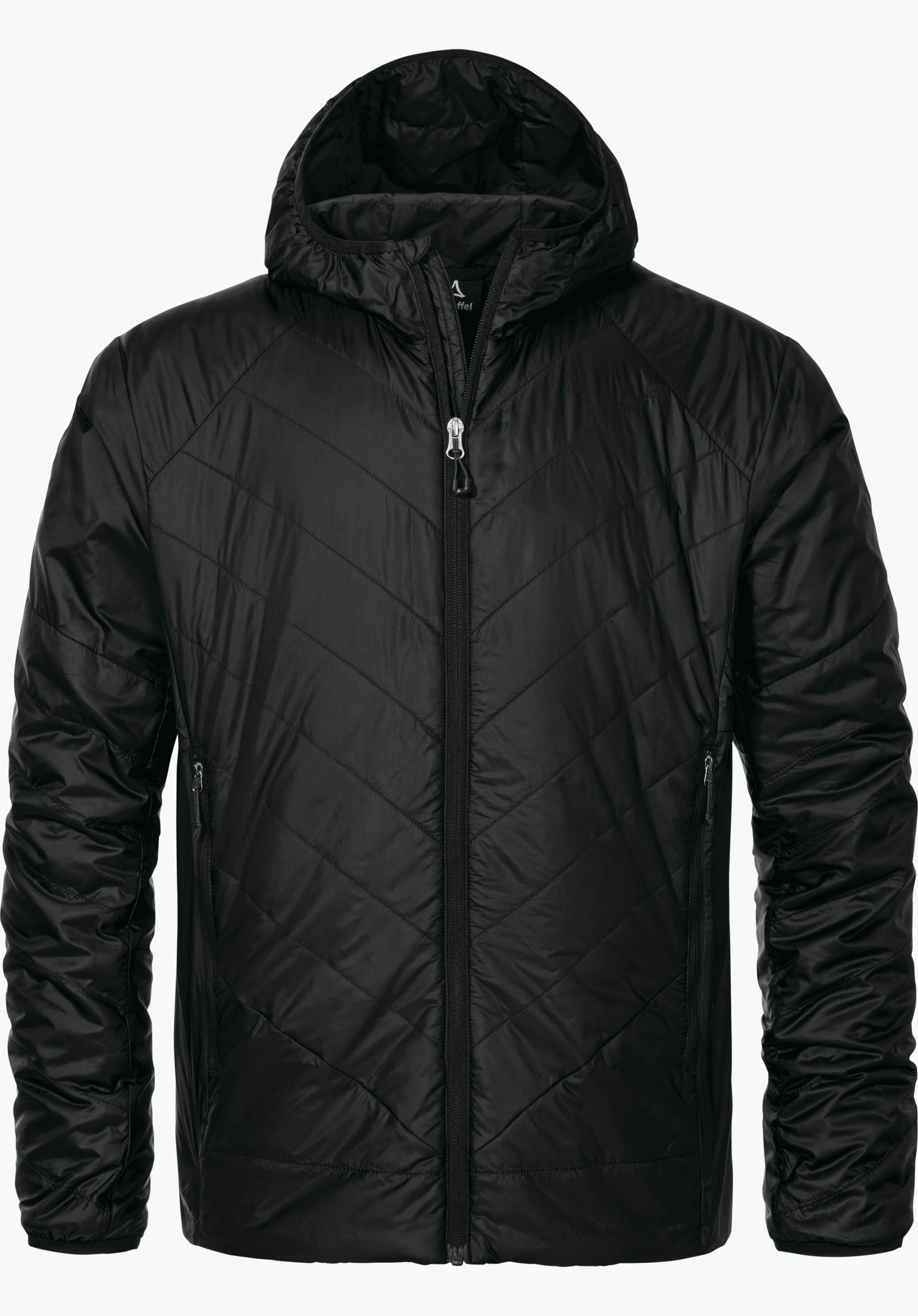 Hiking Ins Jacket Style Cascata MNS black hiking jacket with hood, lightly quilted, front view, zip closed; triangular black Schöffel logo on the left chest; isolated on a white background.