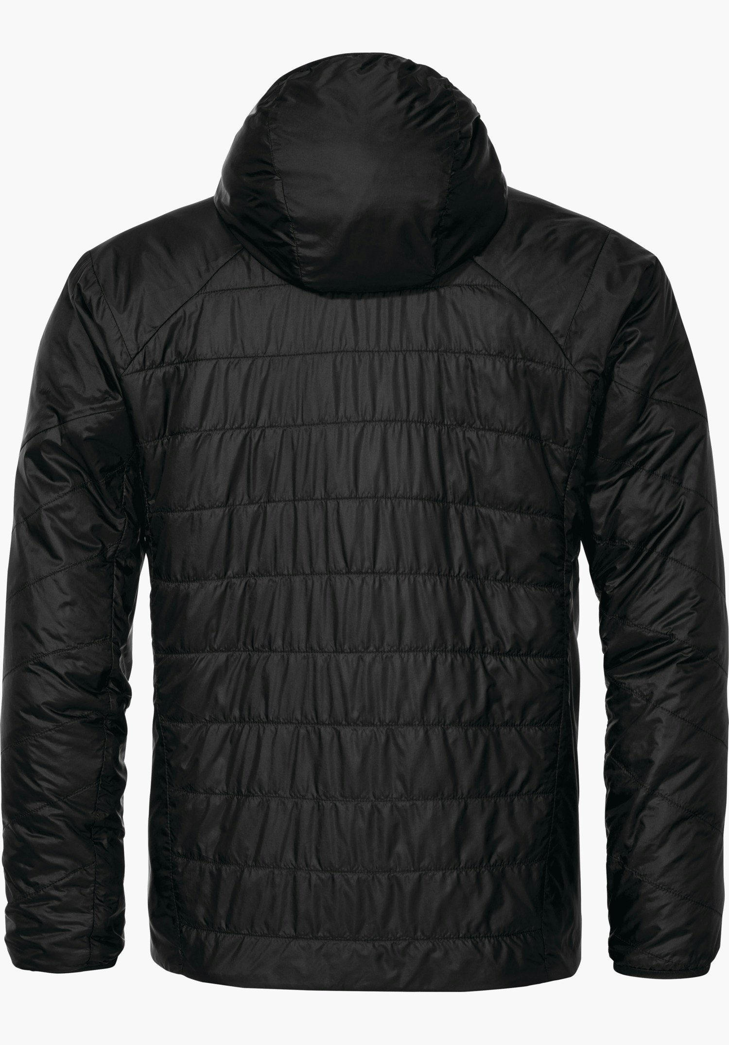 Ins Jacket Style Cascata MNS black quilted jacket, rear view; hood at the top, sleeves hanging loosely downwards, on a white background.