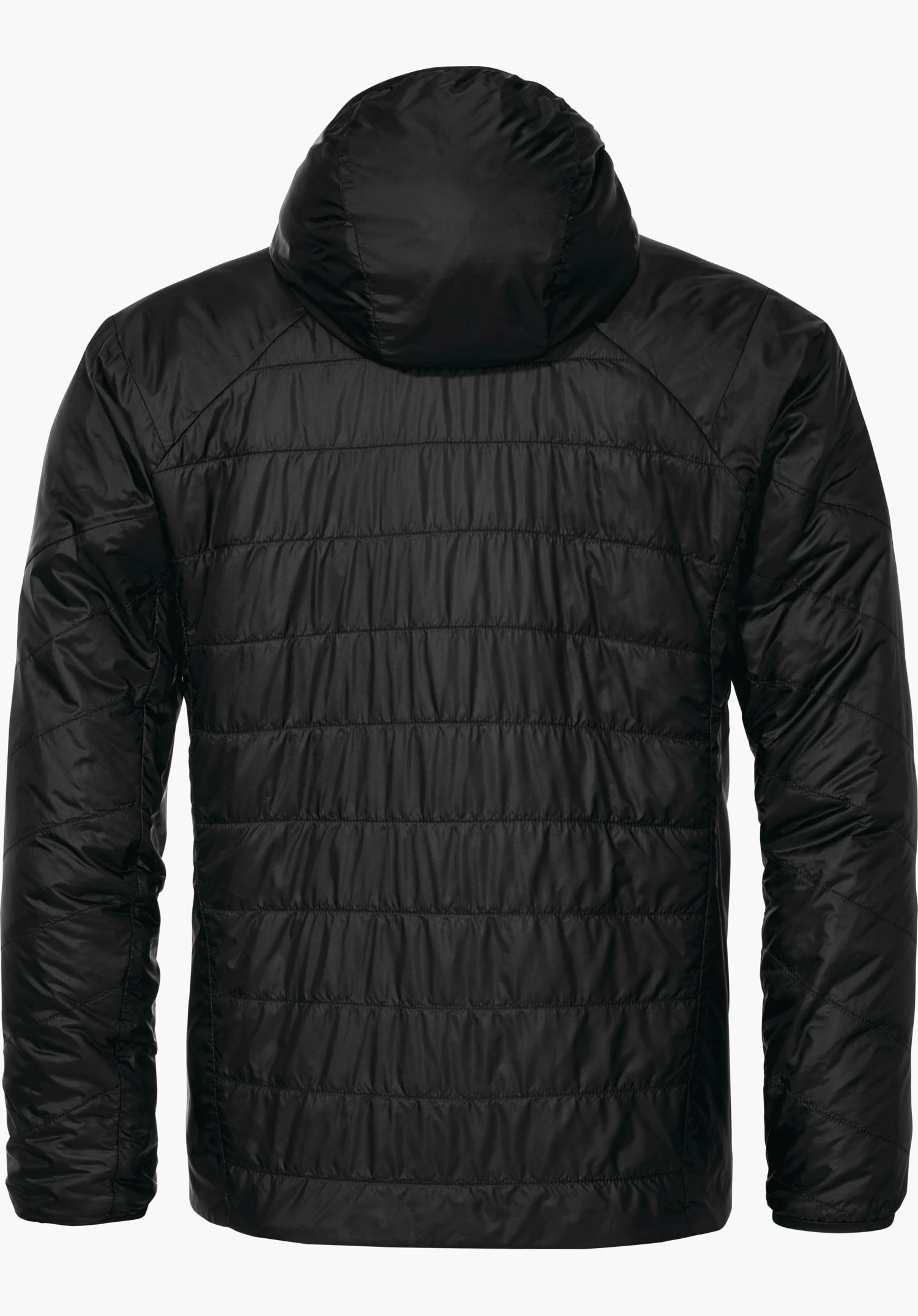 Ins Jacket Style Cascata MNS black quilted jacket, rear view; hood at the top, sleeves hanging loosely downwards, on a white background.