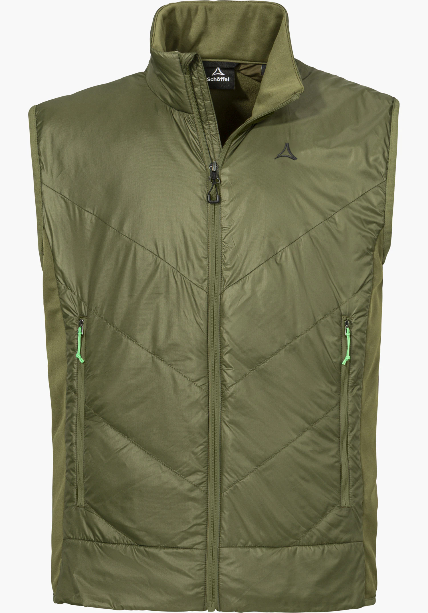 Hybrid Vt Style Cascata MNS vest in green with a stand-up collar, front zipper, two zippered pockets, Schöffel lettering and Schöffel logo, isolated on a white background.