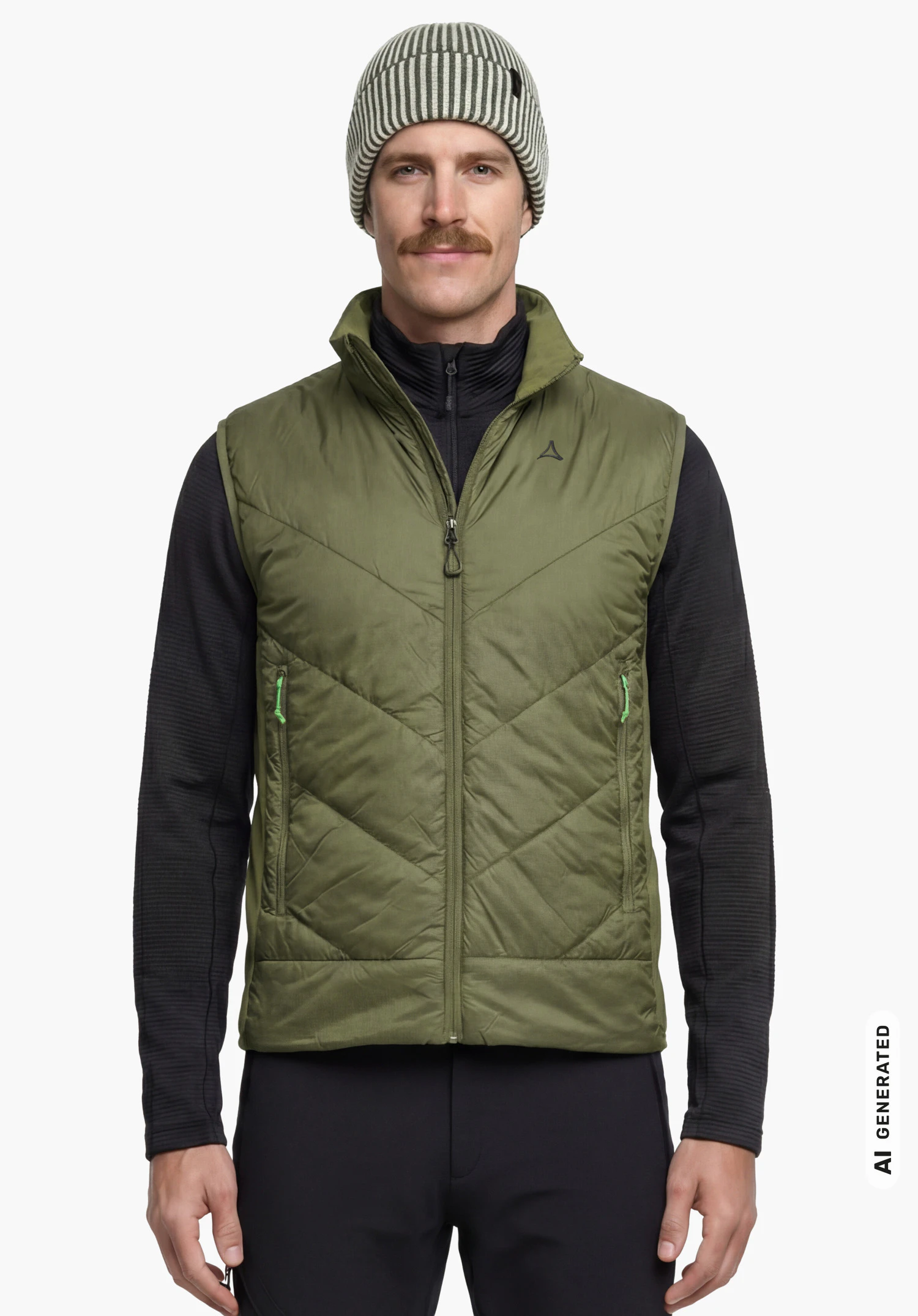 Hybrid Vt Style Cascata MNS vest in green with visible Schöffel logo, worn by a male model standing upright and shown from the front with arms hanging down against a white background. (AI-generated)