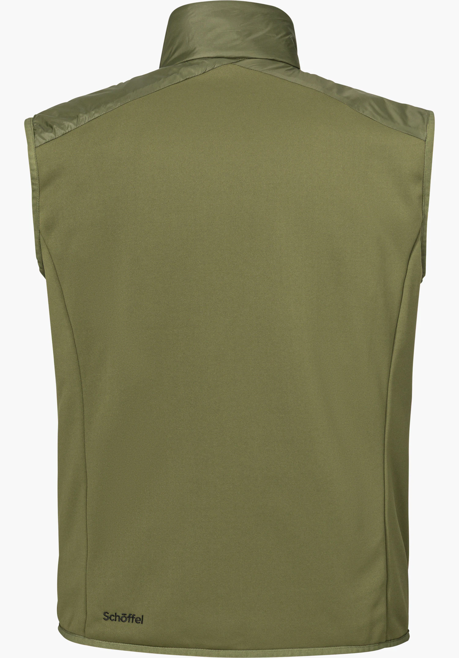 Hybrid Vt Style Cascata MNS vest in green, shown from the back with visible Schöffel lettering at the lower left, isolated on a white background.