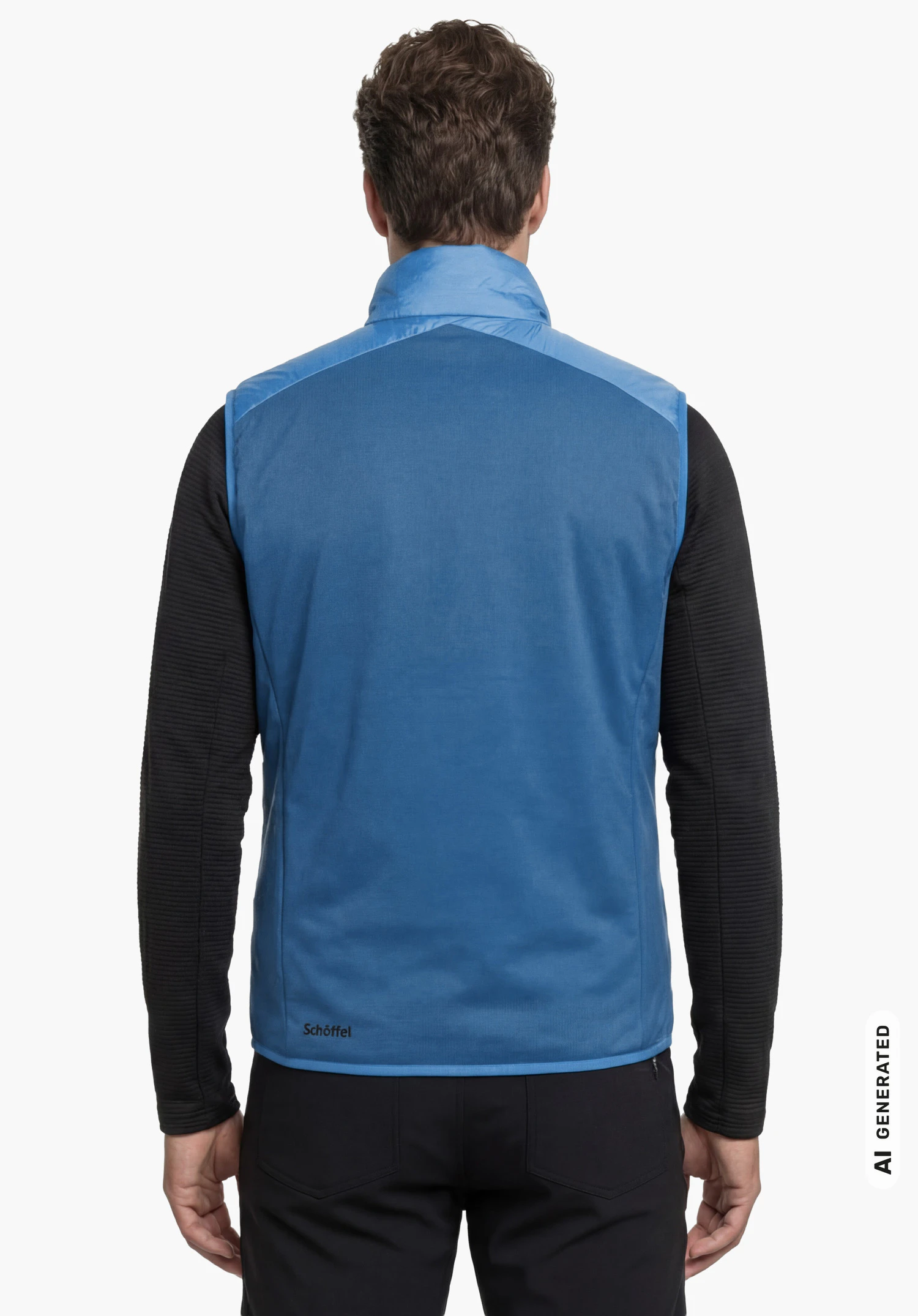 Hybrid Vt Style Cascata MNS vest in blue, worn by a male model standing upright and shown from the back with visible Schöffel lettering against a white background. (AI-generated)