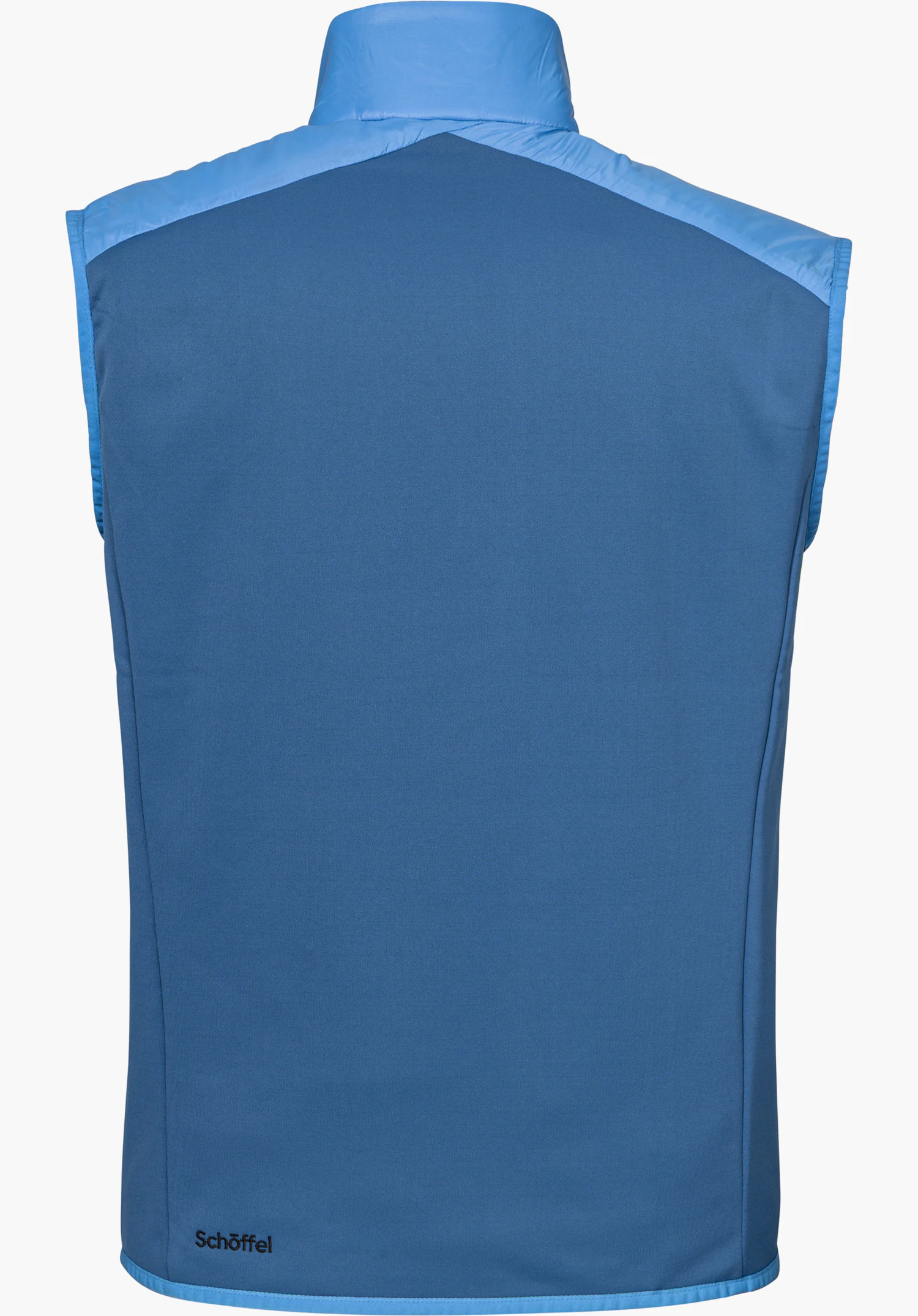 Hybrid Vt Style Cascata MNS vest in blue, shown from the back with Schöffel lettering, isolated on a white background.