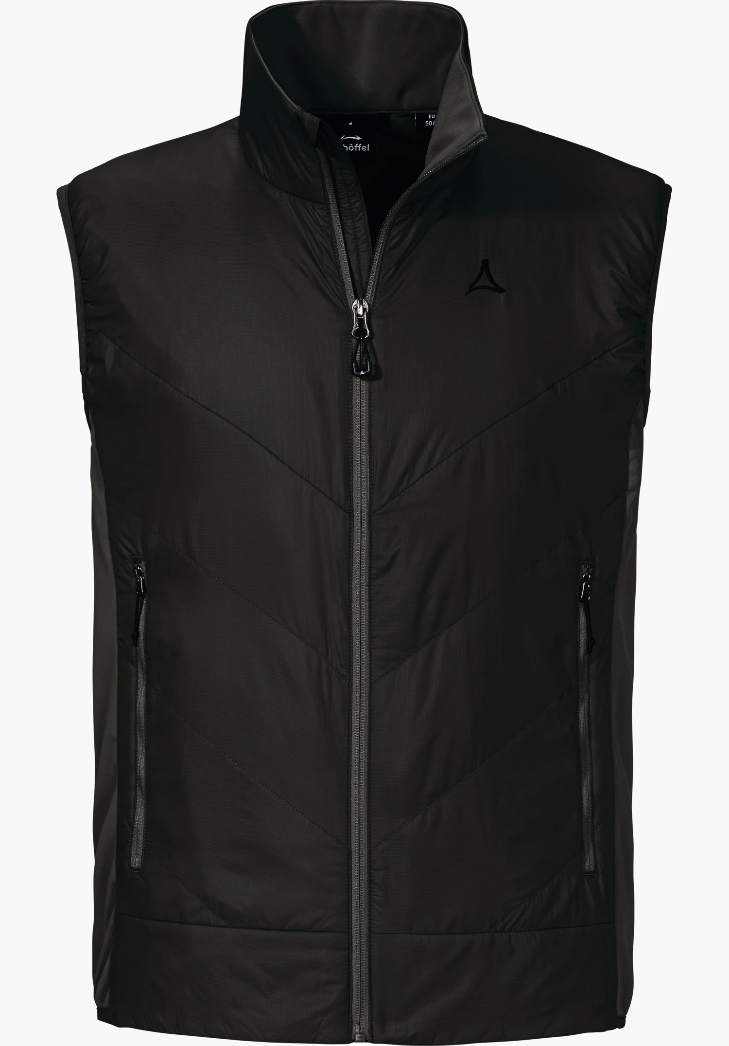 Hybrid Vt Style Cascata MNS black quilted sleeveless gilet with full-length zip and side pockets; black triangular Schöffel logo on the chest; presented on a white background.