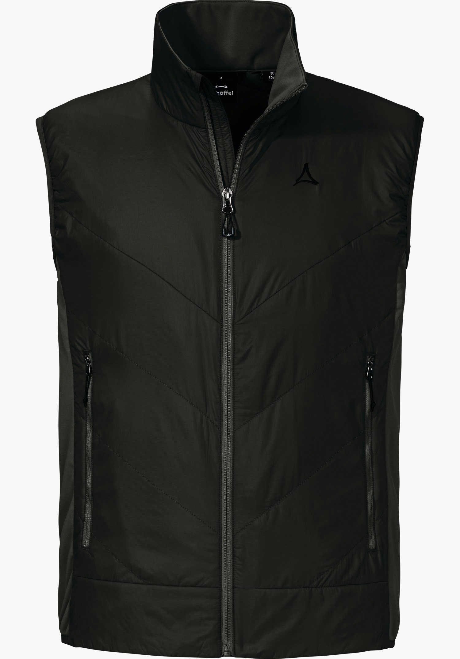 Urban Ins Parka Style Kalmor MNS manteau d’hiver noir avec capuche, fermetures éclair et poches à rabat; col montant; présenté de face sur fond blanc; logo Schöffel sur la poitrine.