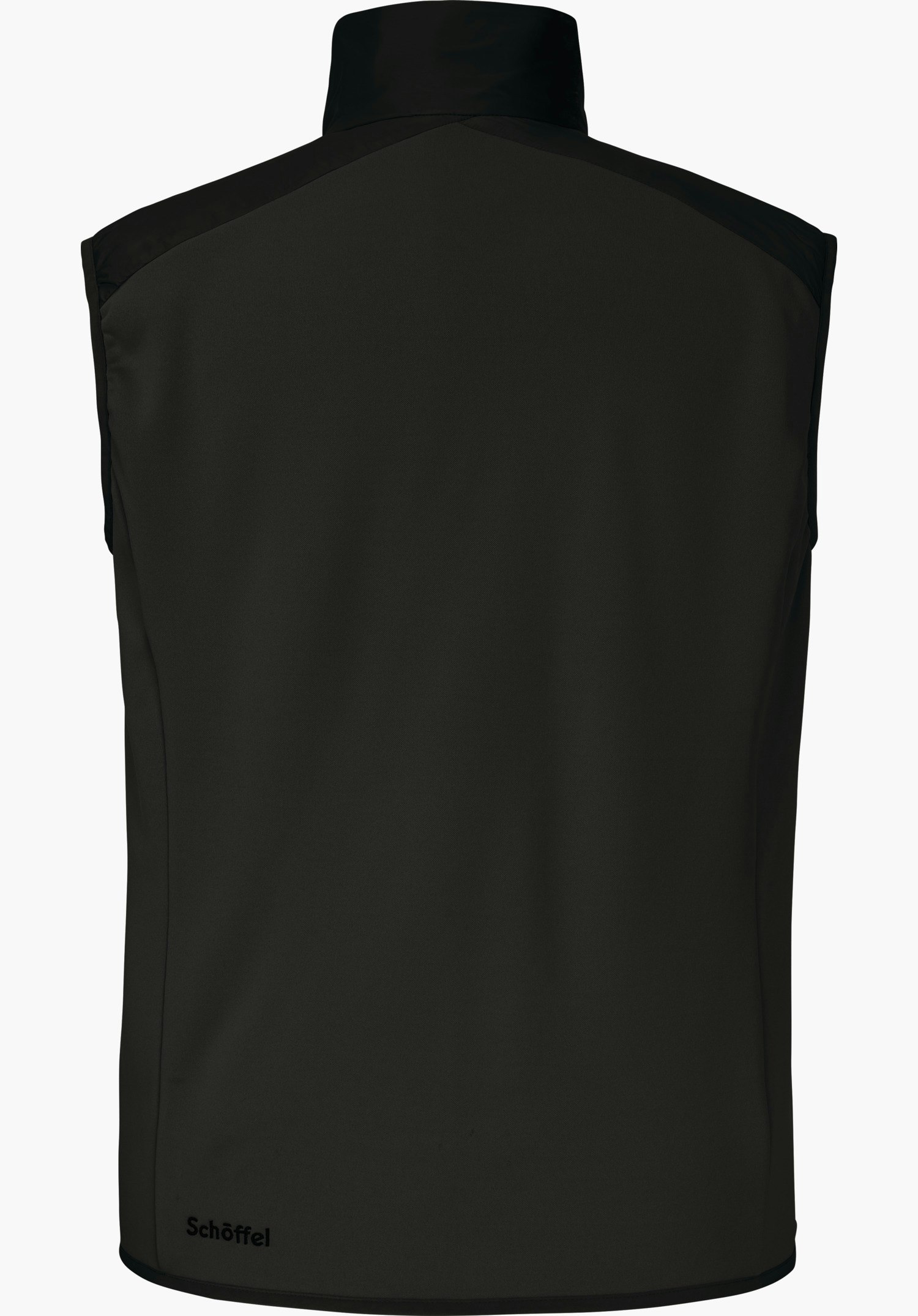 Hybrid Vt Style Cascata MNS gilet noir, vue arrière; présenté à plat, col montant et panneaux d’épaules; surface lisse, détouré sur fond blanc; inscription Schöffel en bas à gauche.