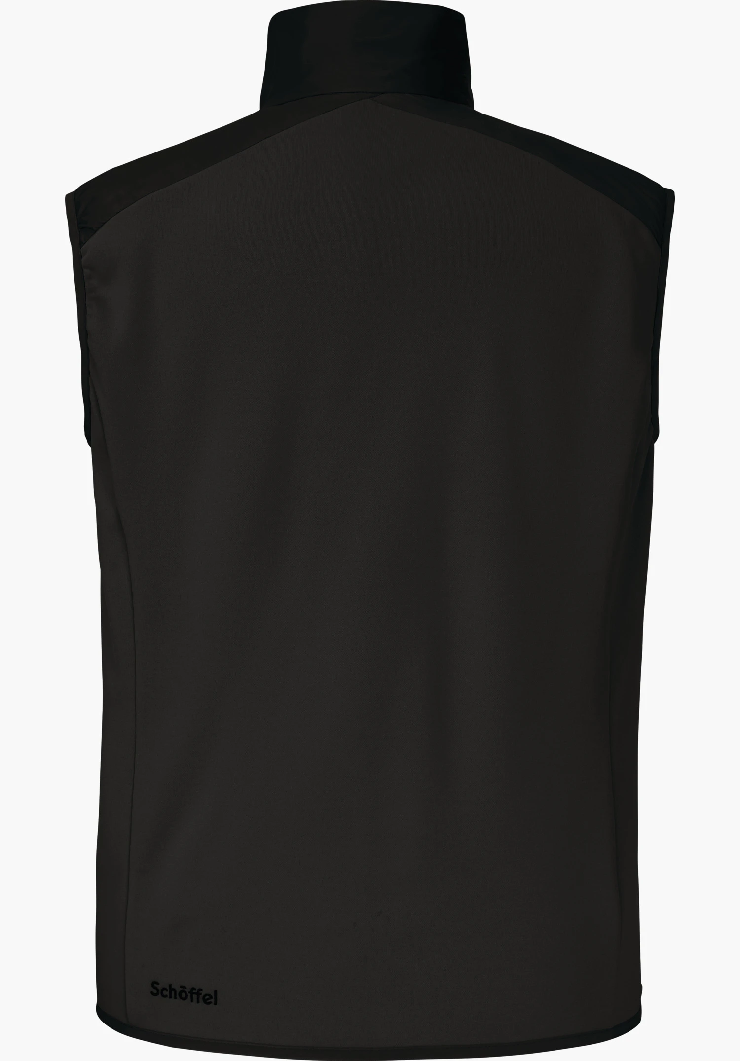Hybrid Vt Style Cascata MNS gilet, black, rear view; lying flat and showing a stand-up collar and shoulder panels; smooth surface, freestanding against a white background; “Schöffel” lettering at the lower left.