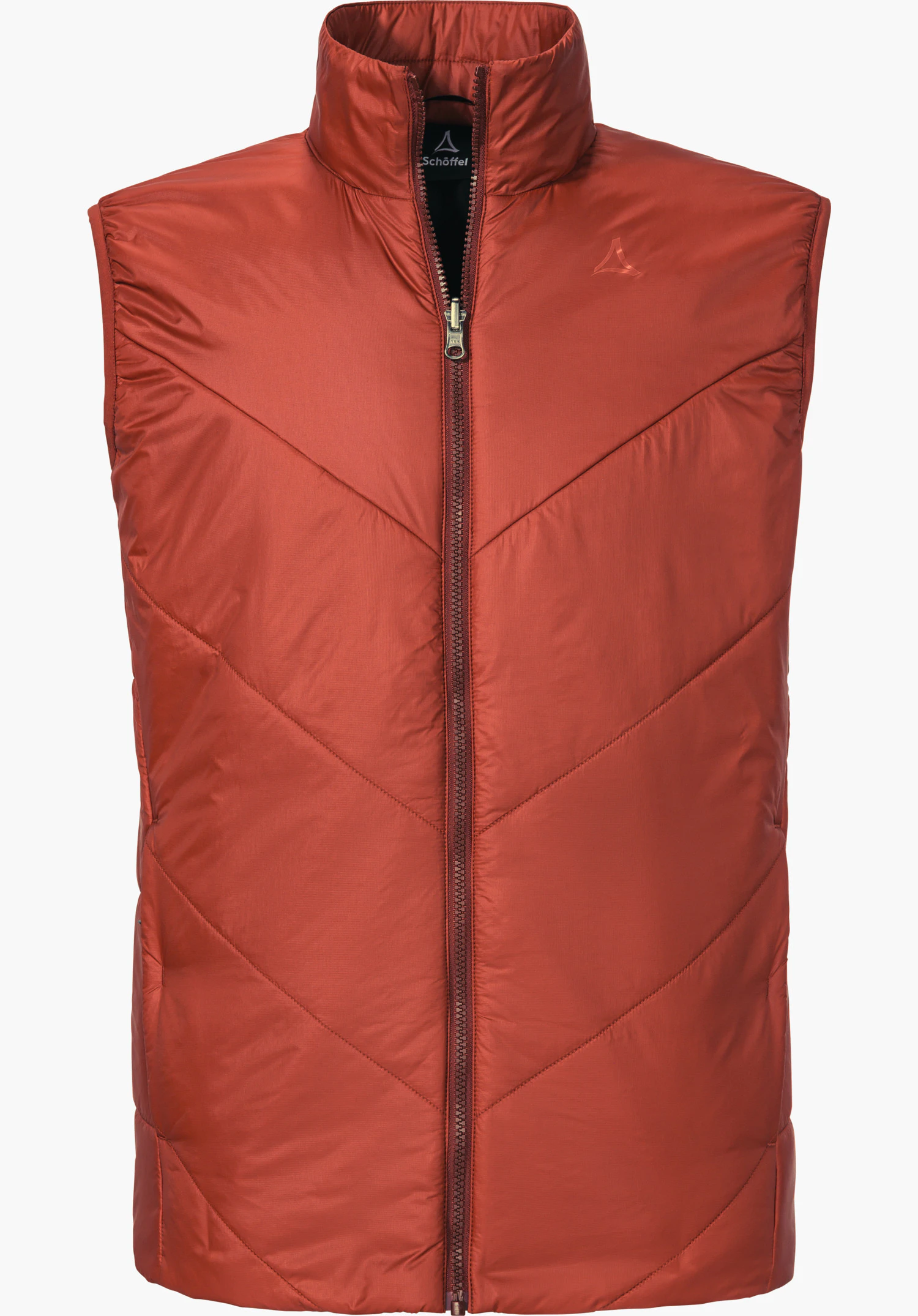 Ins Vest Style Yew MNS Rote, gesteppte ärmellose Weste, frontal abgebildet, mittig geschlossener Reißverschluss; graues Schöffel-Logo auf der Brust; Innenetikett mit der Aufschrift "Schöffel"; vor weißem Hintergrund.