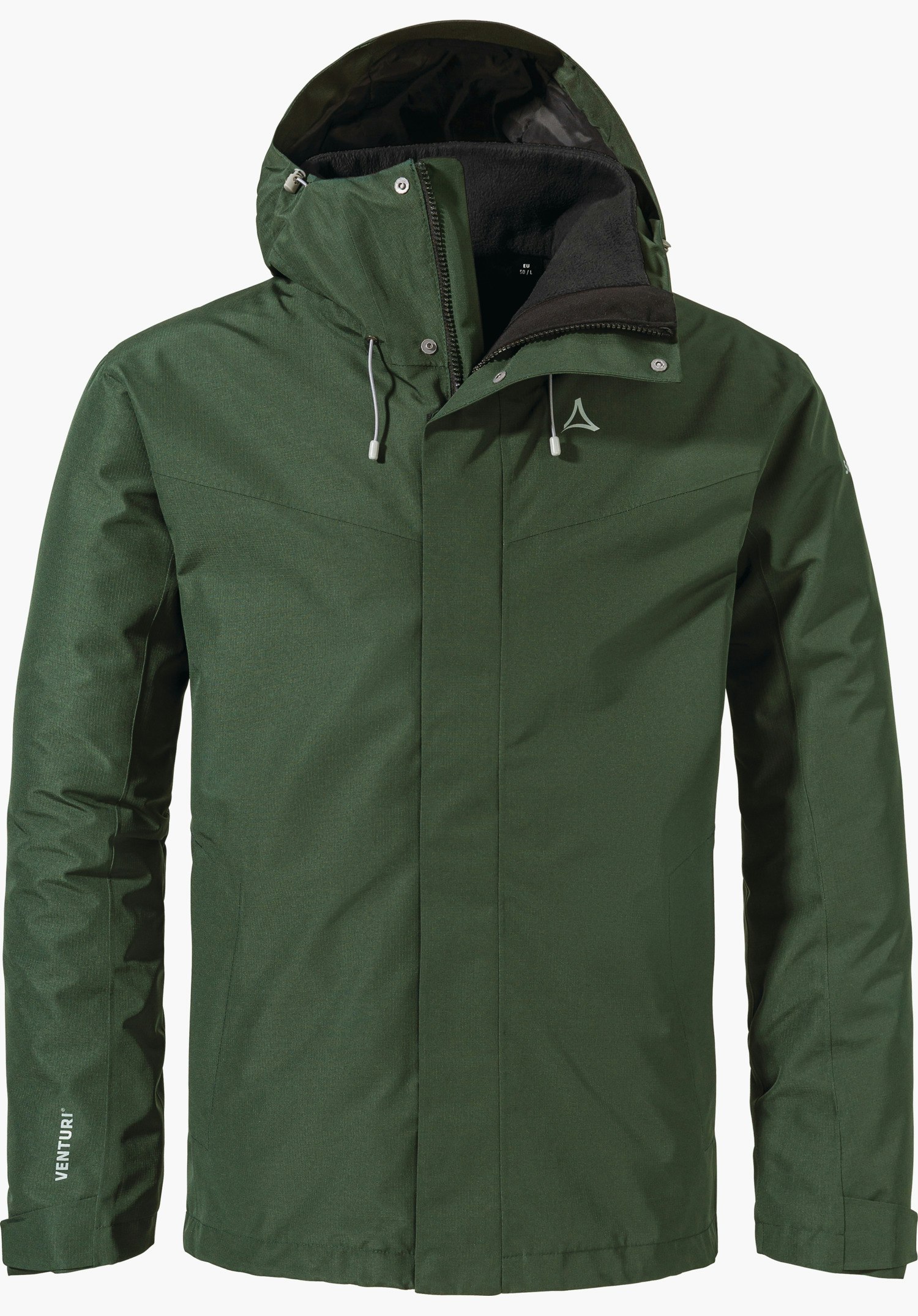 3in1 Jacket Style Okere MNS Dunkelgrüne Multifunktions-Wanderjacke, mit Kapuze und verdecktem Reißverschluss, Schöffel-Logo auf der Brust, Schriftzug "VENTURI" am linken Ärmel; frontal auf weißem Hintergrund.