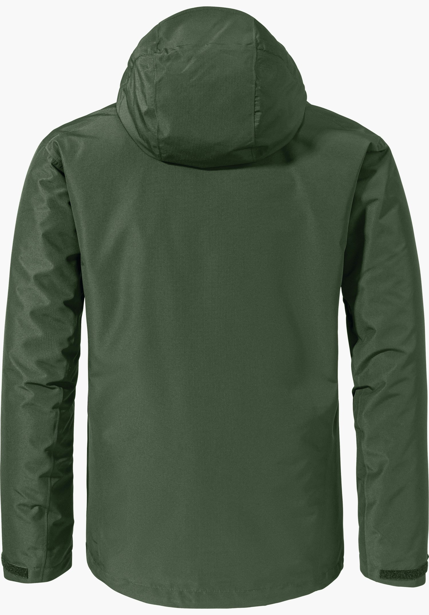 3in1 Jacket Style Okere MNS dunkelgrüne Jacke; Rückansicht mit Kapuze, gerade hängend, glatte Oberfläche und lange Ärmel, freigestellt vor hellem Hintergrund.