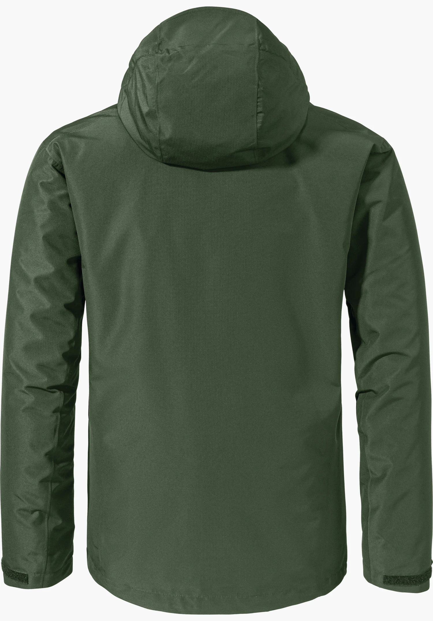 3in1 Jacket Style Okere MNS dark green jacket; rear view with hood, hanging straight, smooth surface and long sleeves, cut out against a light background.