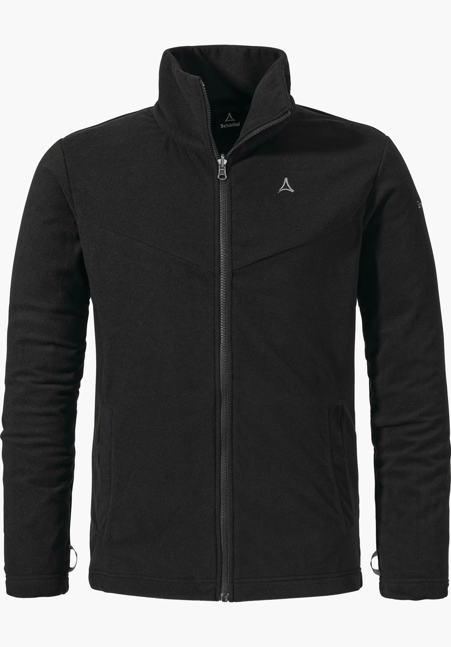 3in1 Jacket Style Okere MNS schwarze Fleecejacke, mittig mit Reißverschluss geschlossen, hoher Stehkragen; Schöffel-Logo auf der Brust, Innenschild mit Text "Schöffel"; glatter, heller Hintergrund.