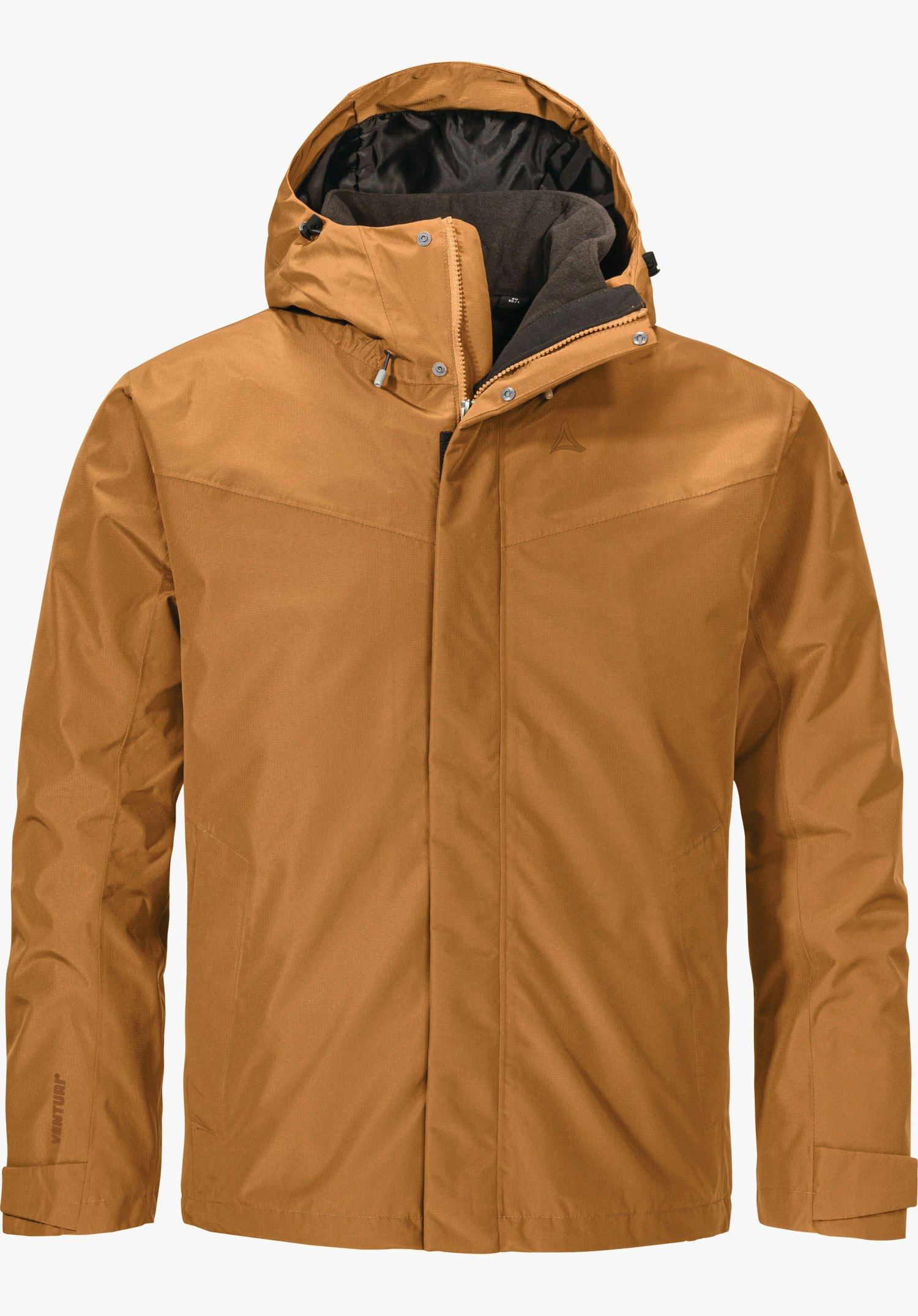 3in1 Jacket Style Okere MNS Hellbraune Multifunktions-Wanderjacke, mit Kapuze und verdecktem Reißverschluss, Schöffel-Logo auf der Brust, Schriftzug "VENTURI" am linken Ärmel; frontal auf weißem Hintergrund.