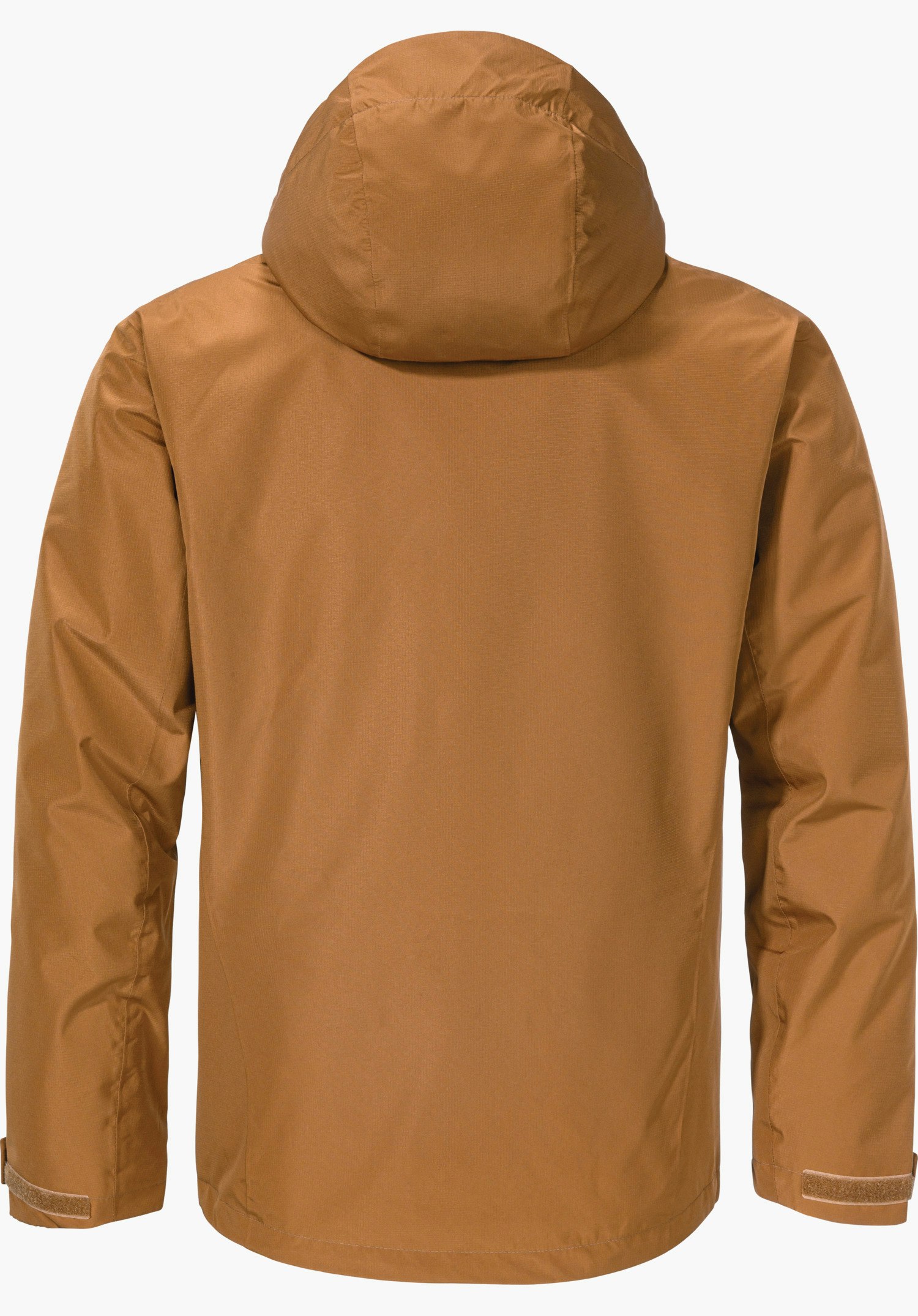 3in1 Jacket Style Okere MNS light brown jacket with hood, rear view; jacket hanging smoothly, without a person, against a plain light background.