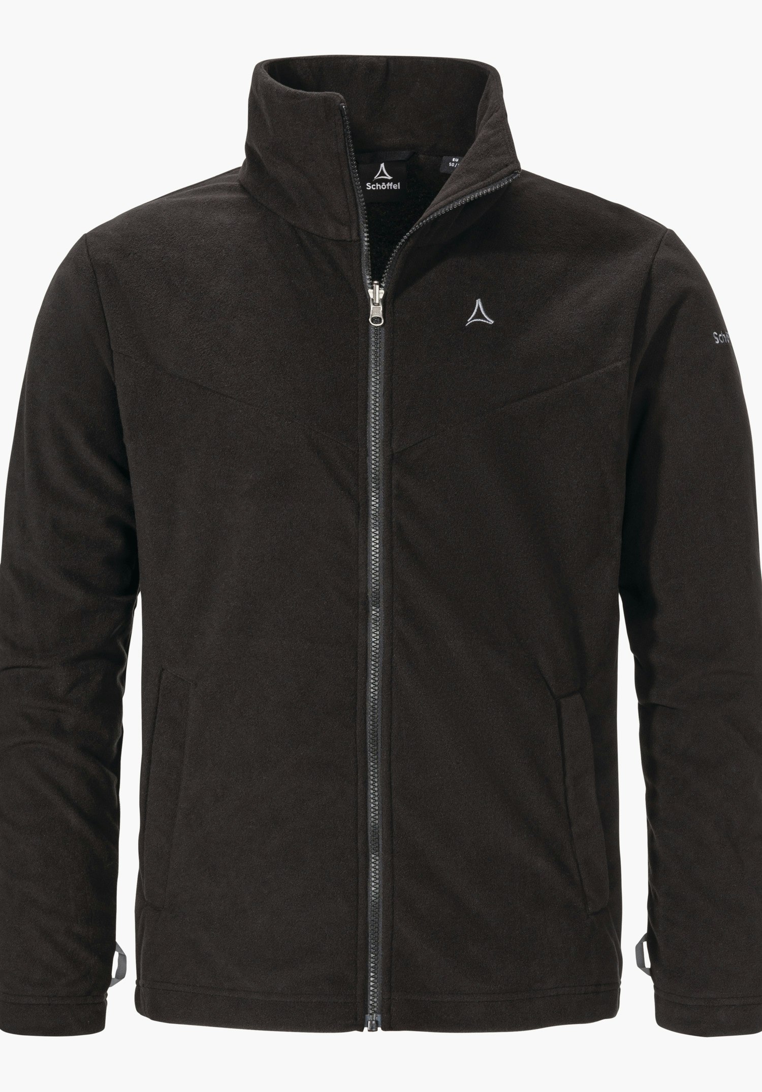 3in1 Jacket Style Okere MNS jacket: black fleece jacket, zipper closed; Schöffel logo on the chest; "Schöffel" lettering visible on label and sleeve; stand-up collar, pockets; bright white background.