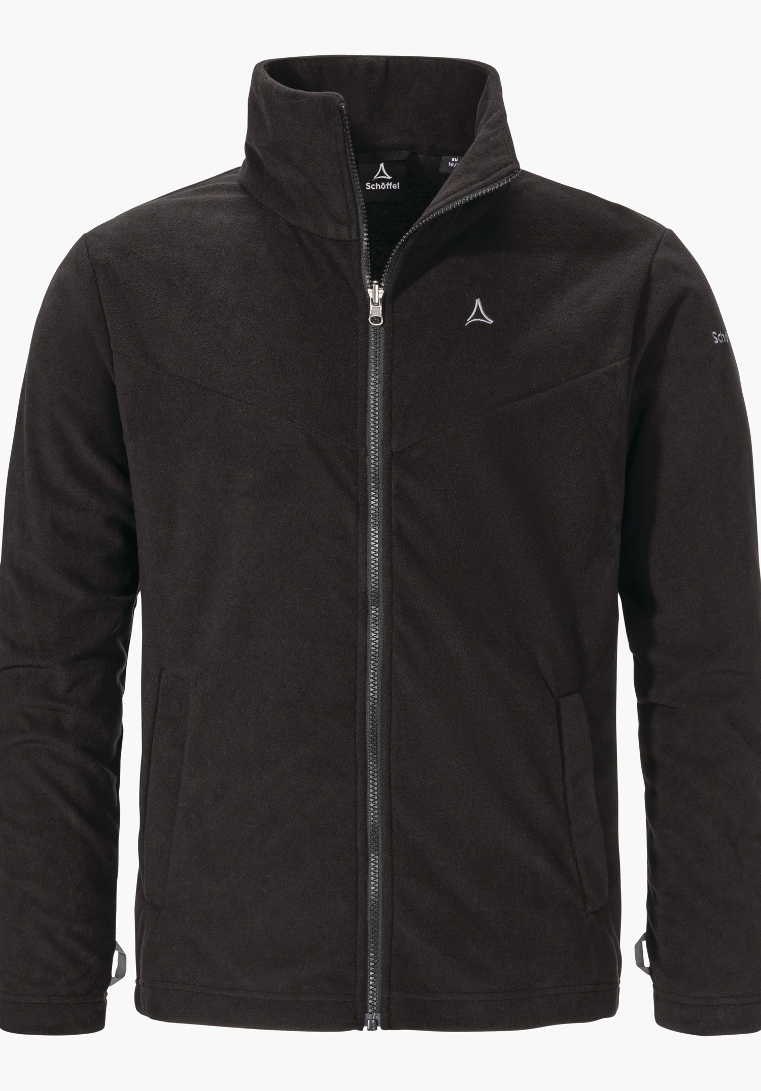 3in1 Jacket Style Okere MNS jacket: black fleece jacket, zipper closed; Schöffel logo on the chest; "Schöffel" lettering visible on label and sleeve; stand-up collar, pockets; bright white background.