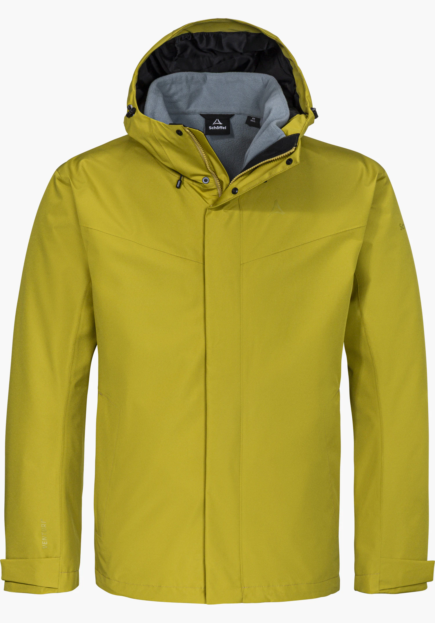 3in1 Jacket Style Okere MNS in yellow, shown from the front with a hood and visible Schöffel logo, isolated on a white background.