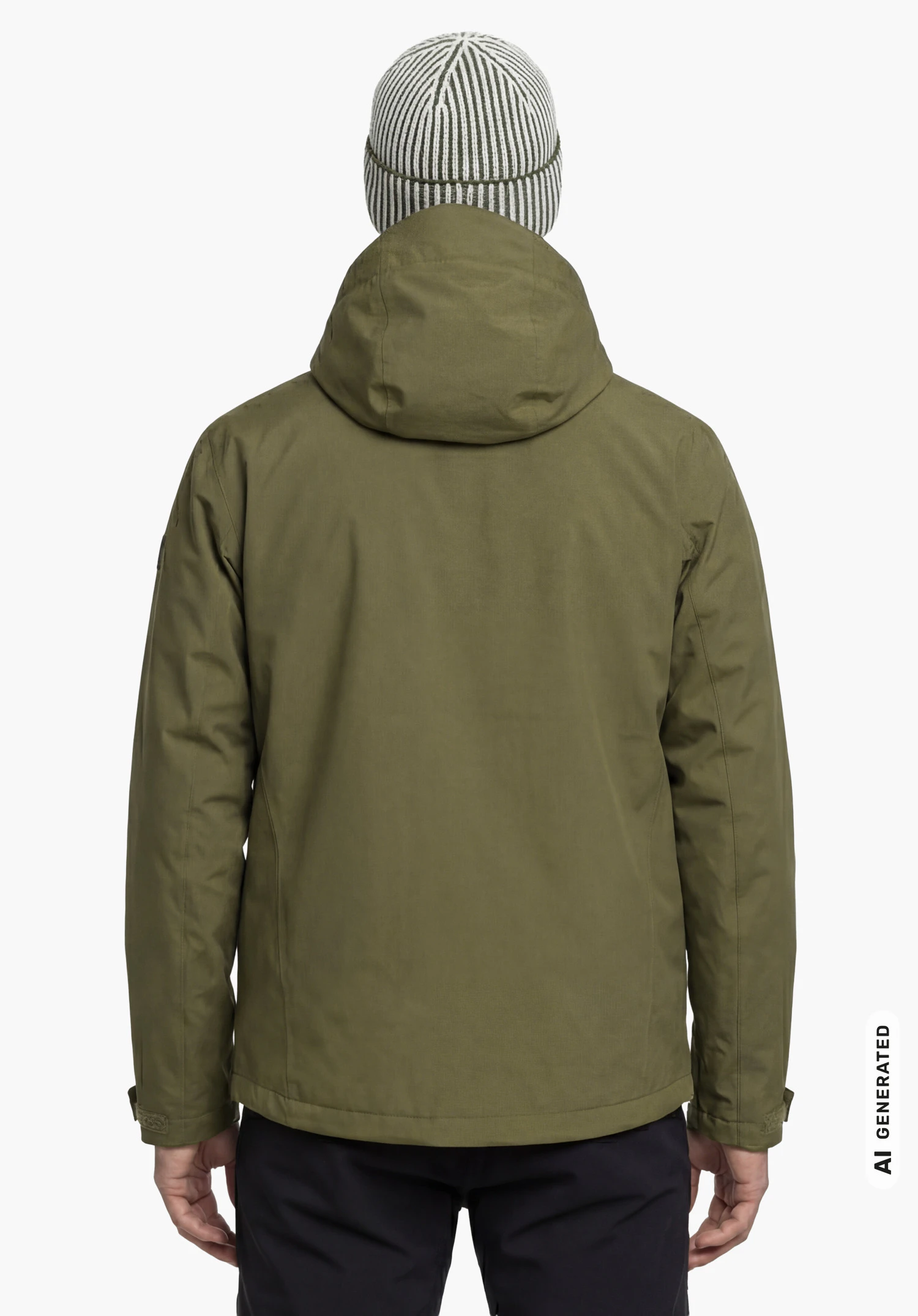 3in1 Jacket Style Okere MNS in green with hood and beanie, worn by a male model standing upright and shown from the back against a white background. (AI-generated)