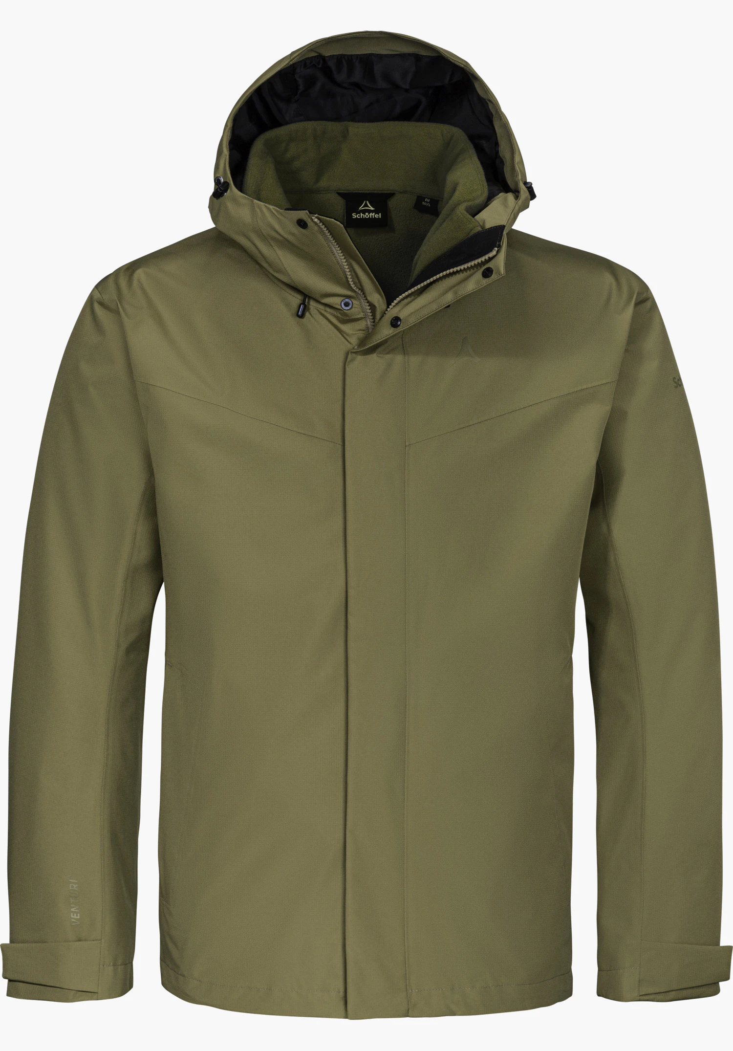 3in1 Jacket Style Okere MNS in green with a hood and visible Schöffel logo, isolated on a white background.