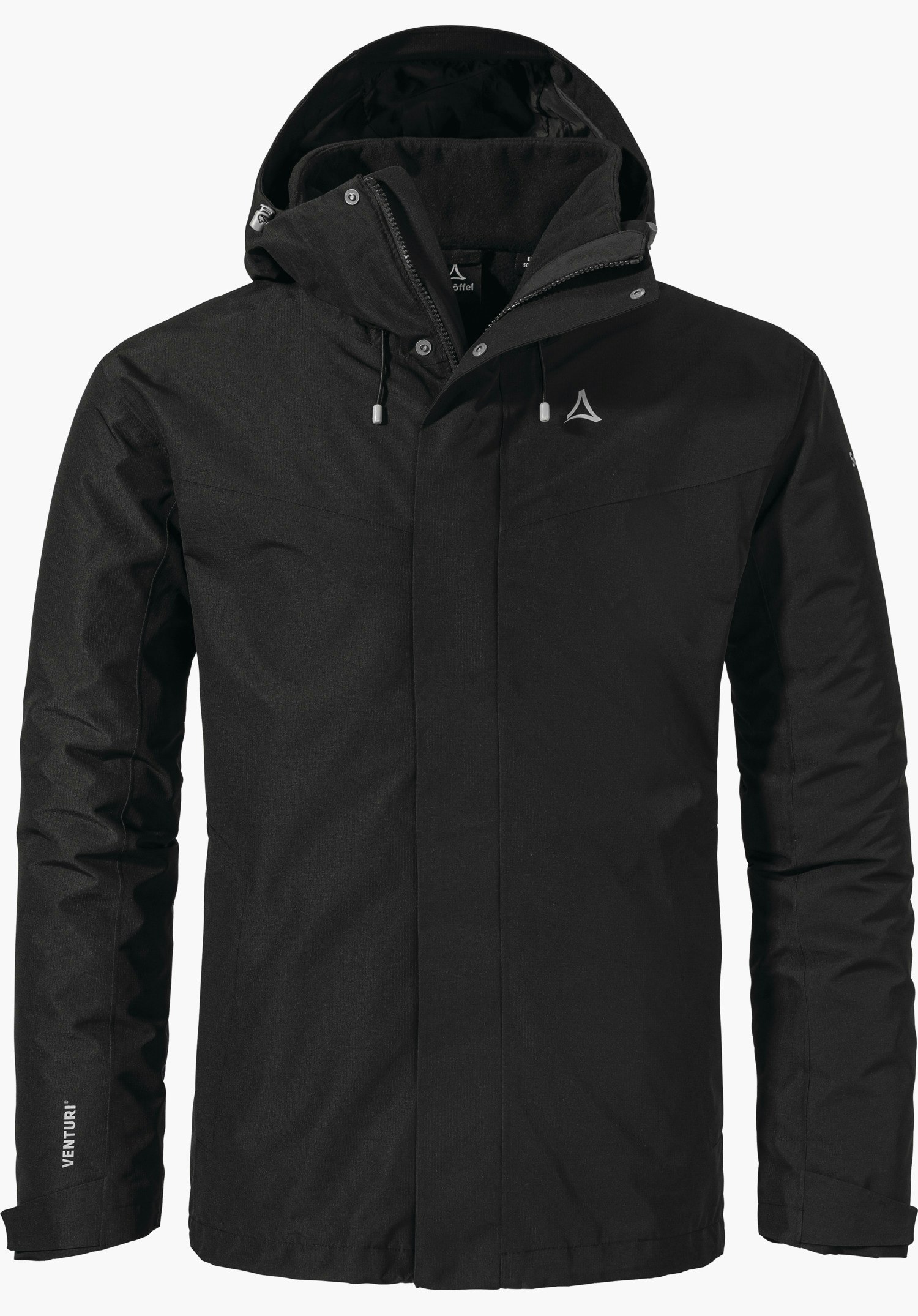 3in1 Jacket Style Okere MNS Schwarze Multifunktions-Wanderjacke, mit Kapuze und verdecktem Reißverschluss, Schöffel-Logo auf der Brust, Schriftzug "VENTURI" am linken Ärmel; frontal auf weißem Hintergrund.