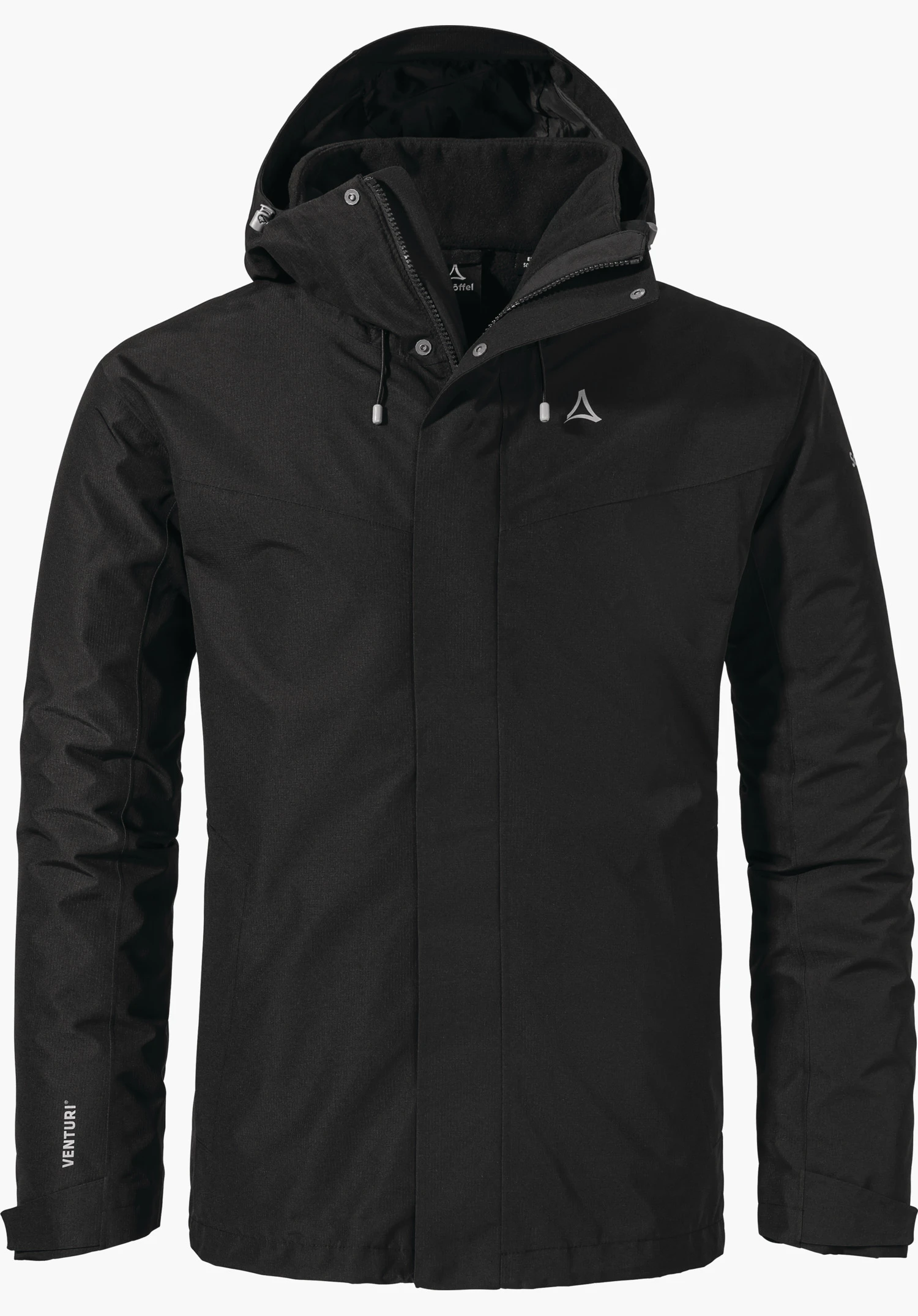3in1 Jacket Style Okere MNS Schwarze Multifunktions-Wanderjacke, mit Kapuze und verdecktem Reißverschluss, Schöffel-Logo auf der Brust, Schriftzug "VENTURI" am linken Ärmel; frontal auf weißem Hintergrund.