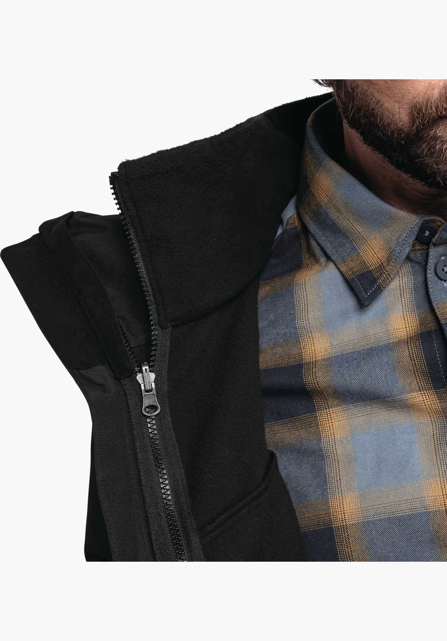 3in1 Jacket Style Okere MNS. Detail view of the zip at the collar connecting the black outer jacket with the fleece inner jacket. Close-up against a white/neutral background.