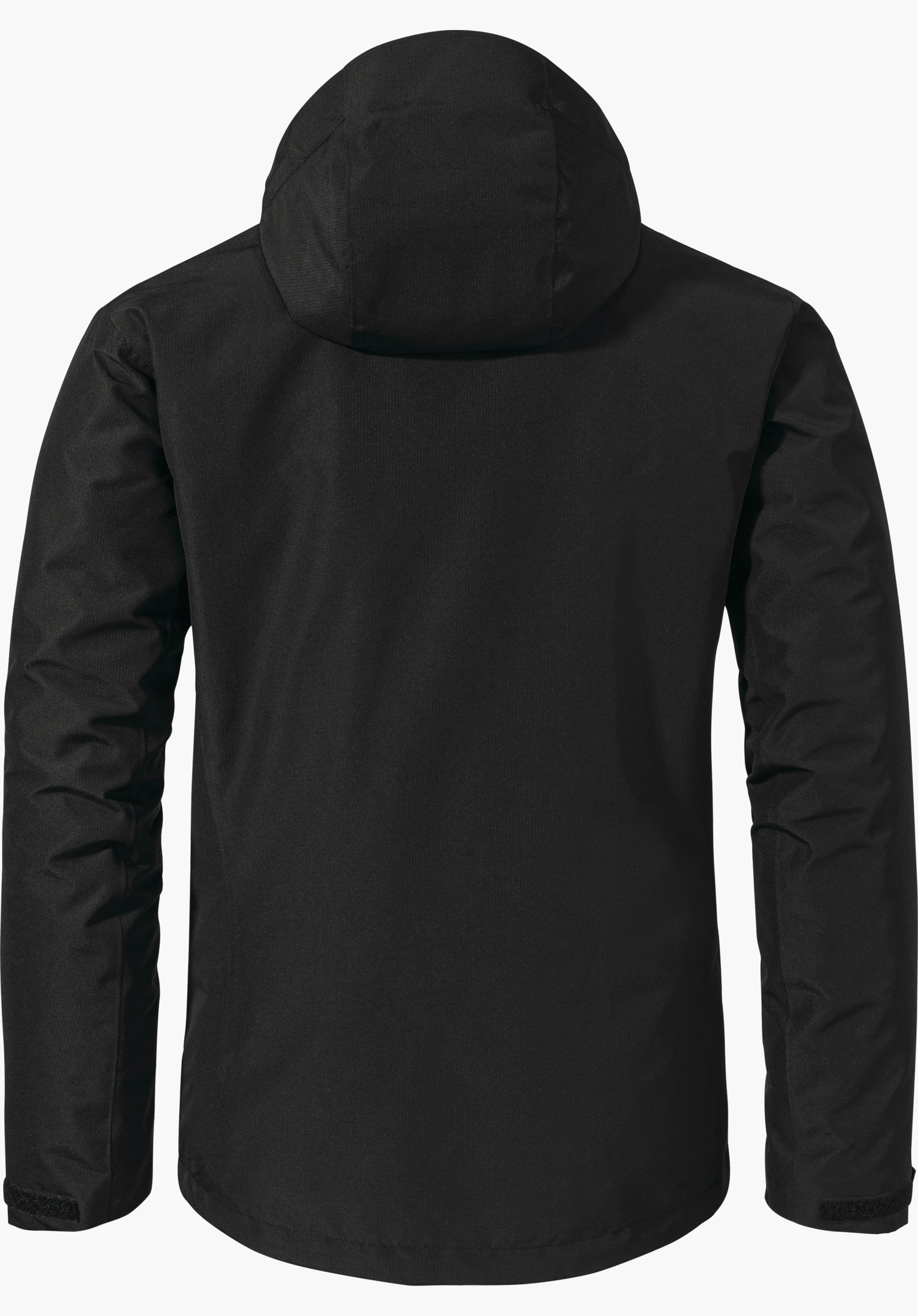 3in1 Jacket Style Okere MNS dunkelblaue Jacke, zeigt den Rücken mit aufgesetzter Kapuze, Ärmel locker seitlich; glattes Material und Klettverschlüsse an den Bündchen; vor weißem Hintergrund.