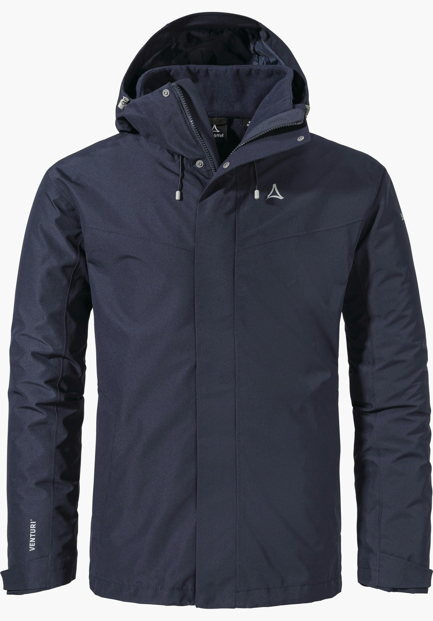 3in1 Jacket Style Okere MNS Dunkelblaue Multifunktions-Wanderjacke, mit Kapuze und verdecktem Reißverschluss, Schöffel-Logo auf der Brust, Schriftzug "VENTURI" am linken Ärmel; frontal auf weißem Hintergrund.
