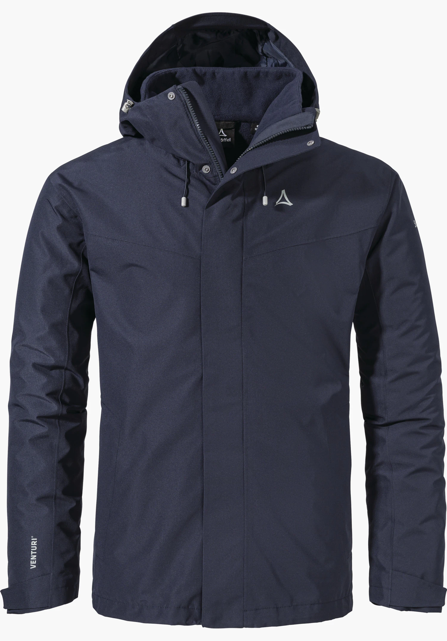 3in1 Jacket Style Okere MNS Dunkelblaue Multifunktions-Wanderjacke, mit Kapuze und verdecktem Reißverschluss, Schöffel-Logo auf der Brust, Schriftzug "VENTURI" am linken Ärmel; frontal auf weißem Hintergrund.