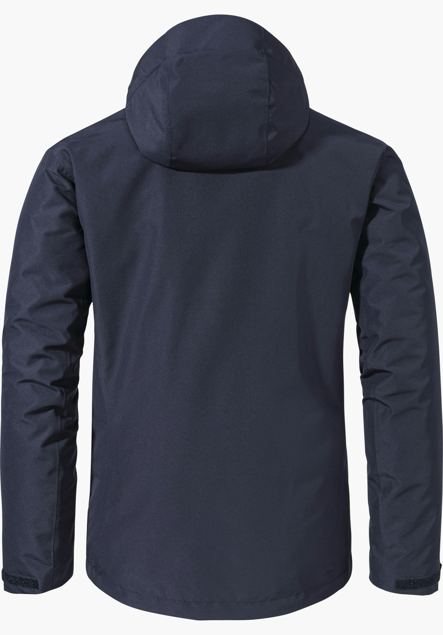 3in1 Jacket Style Okere MNS schwarze Jacke, zeigt den Rücken mit aufgesetzter Kapuze, Ärmel locker seitlich; glattes Material und Klettverschlüsse an den Bündchen; vor weißem Hintergrund.
