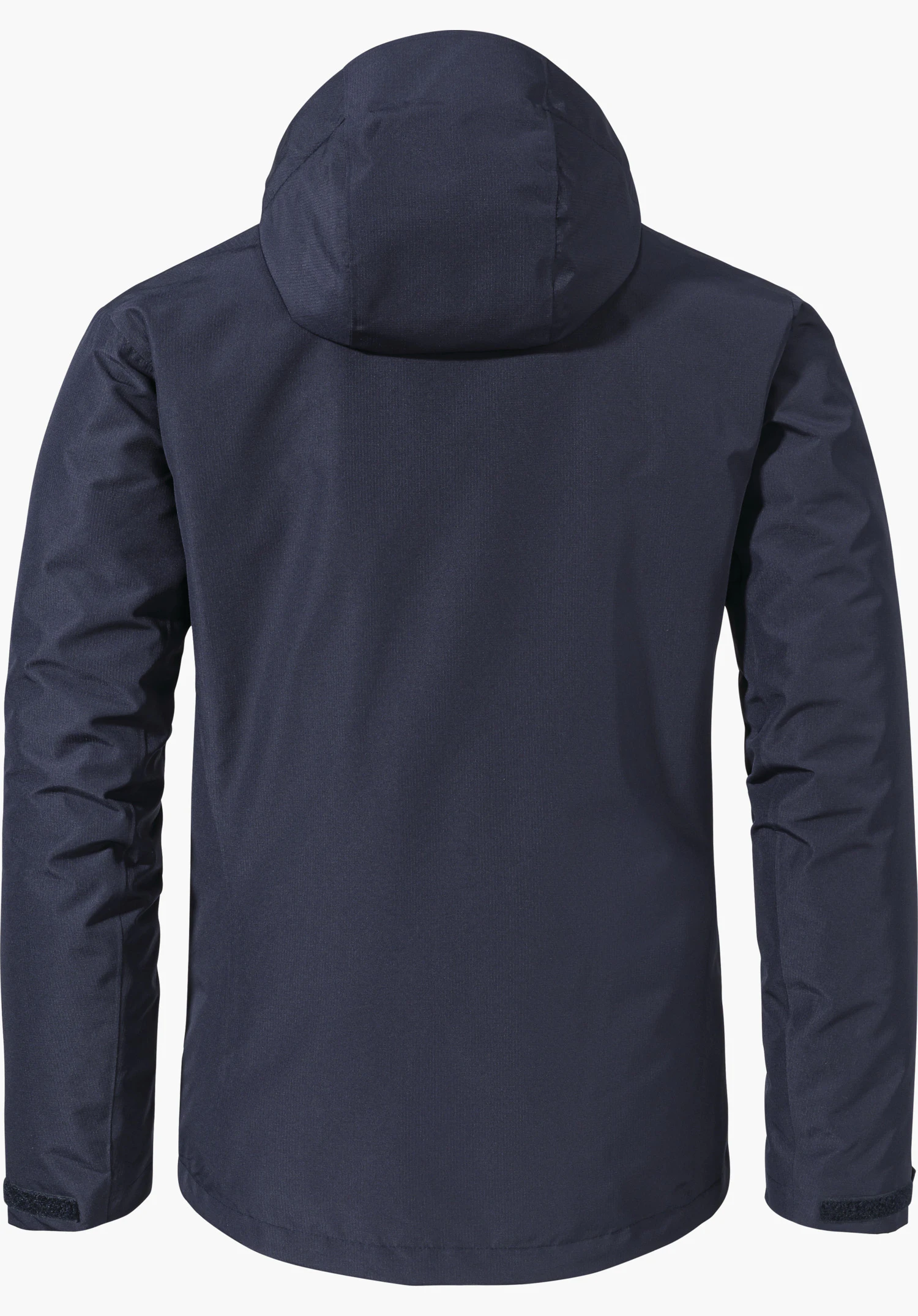 3in1 Jacket Style Okere MNS black jacket, showing the back with attached hood, sleeves relaxed at the sides; smooth material and Velcro fastenings at the cuffs; against a white background.