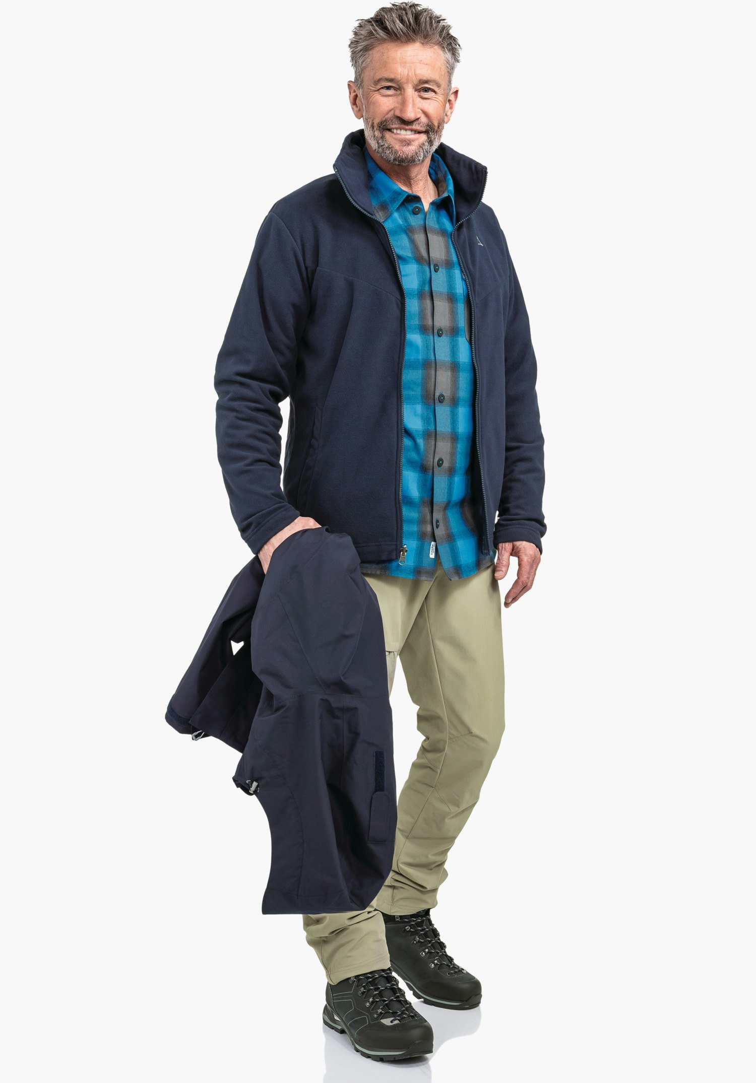 3in1 Jacket Style Okere MNS Fokus auf die seitliche Reißverschlusstasche und das verstellbare Ärmelbündchen in Blau, Nahaufnahme vor weißem Hintergrund.