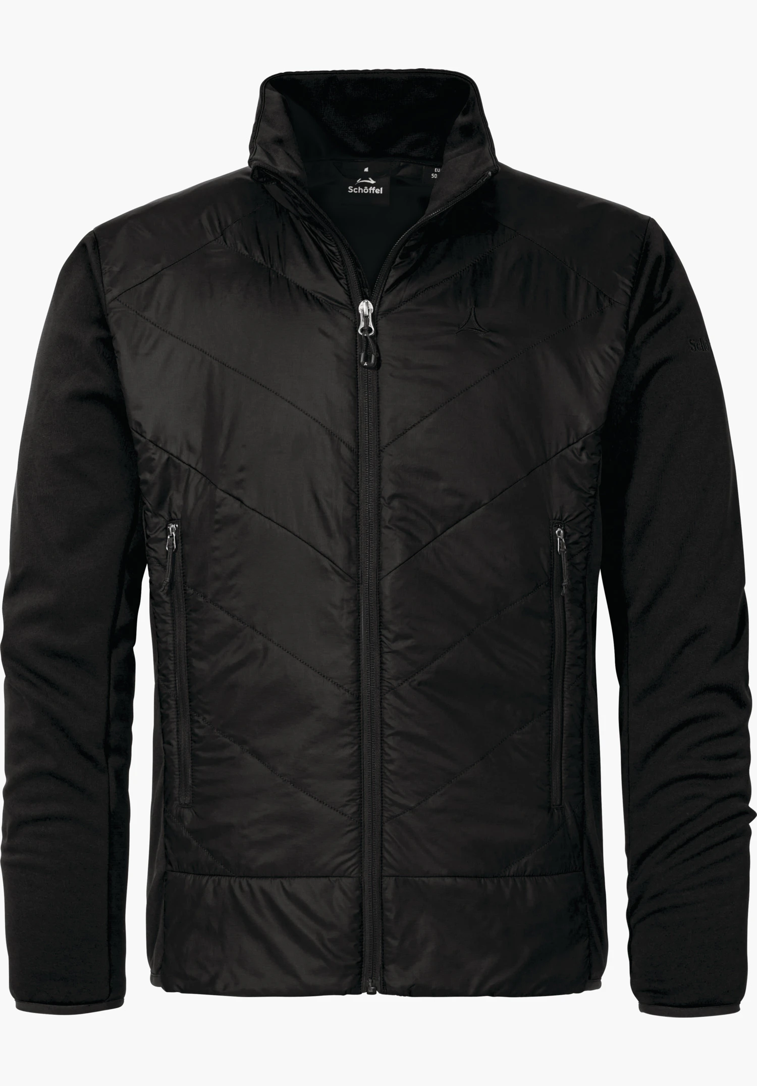 Hiking Hybrid Jk Style Cascata MNS Zwarte licht gewatteerde hybride jas met donkerrode mouwen, frontaal gepositioneerd, doorlopende ritssluiting, Schöffel-logo op de borst, twee zijzakken met rits links en rechts; witte achtergrond.