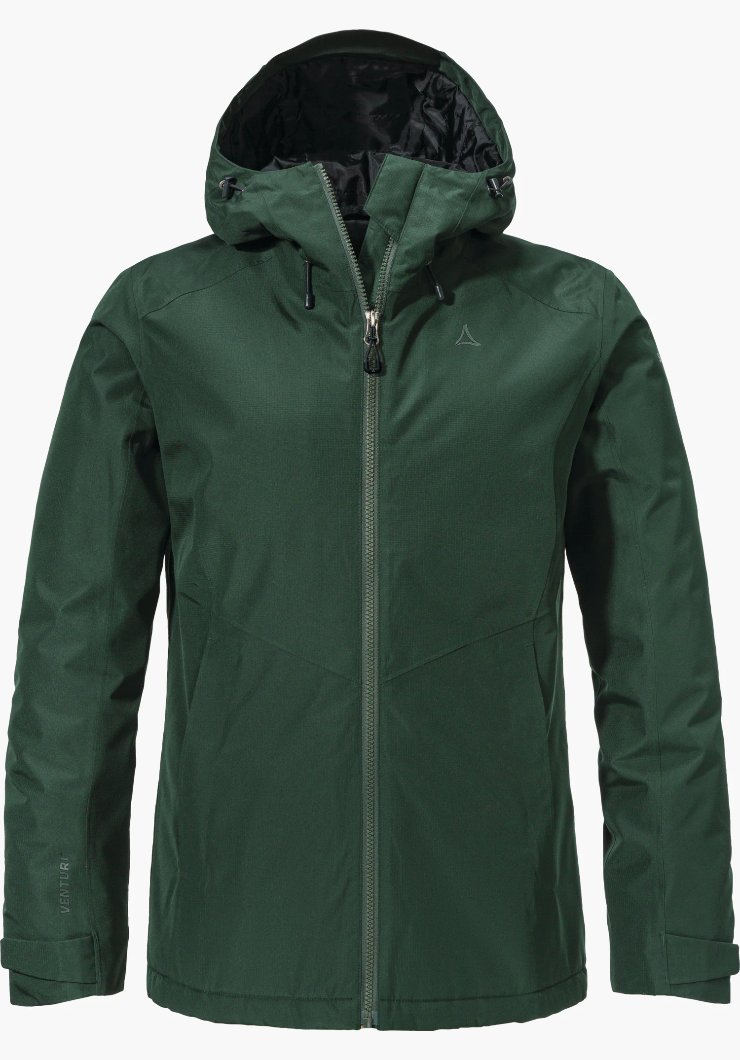 Ins Jacket Style Wildkar WMS veste outdoor vert foncé avec fermeture éclair fermée, capuche relevée et logo Schöffel sur la poitrine; détourée sur fond blanc. Inscription: « VENTURI ».