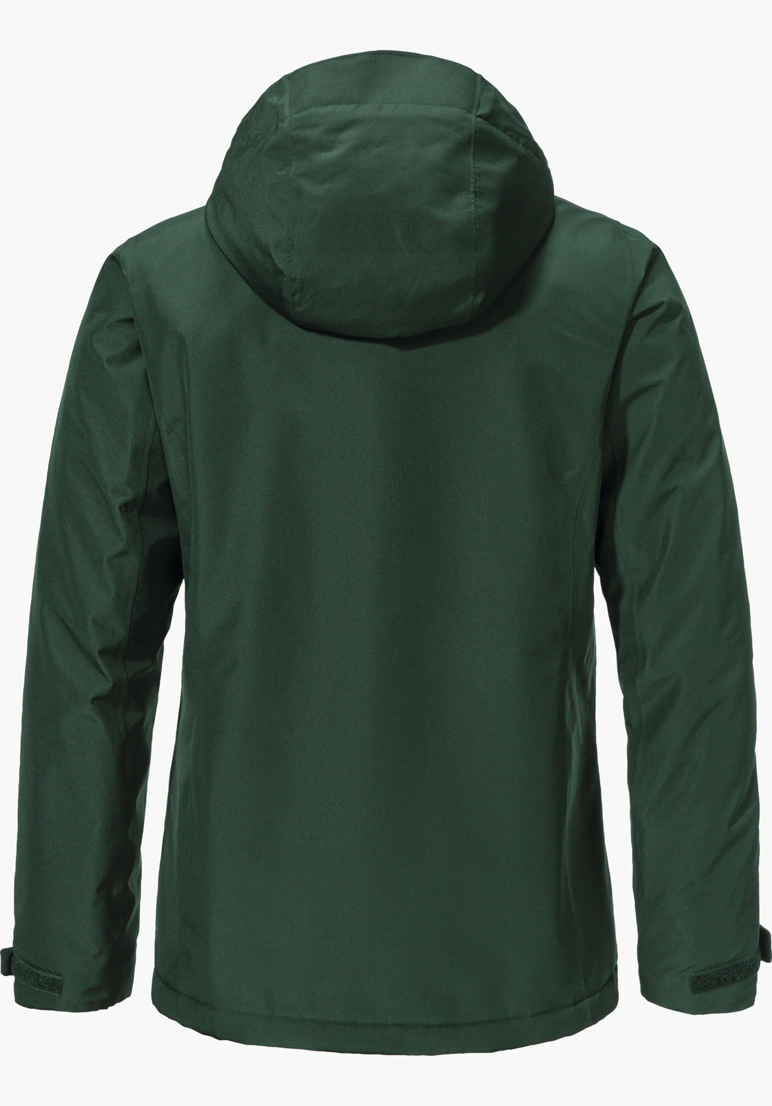 Ins Jacket Style Wildkar WMS Veste isolante vert foncé, vue de dos; capuche fixée, tombe droit sur fond blanc.