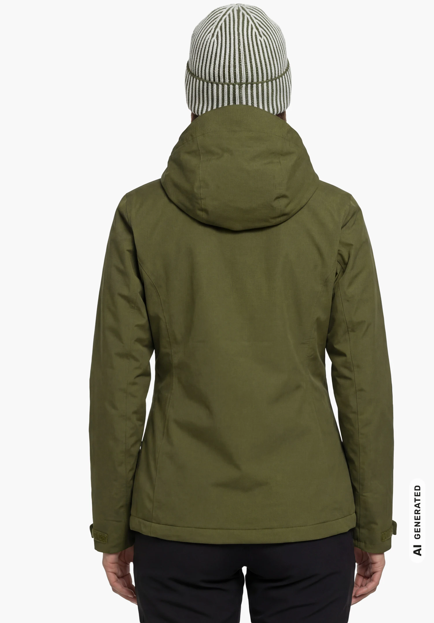 Ins Jacket Style Wildkar WMS in green with hood, worn by a female model standing upright and shown from the back against a white background. (AI-generated)
