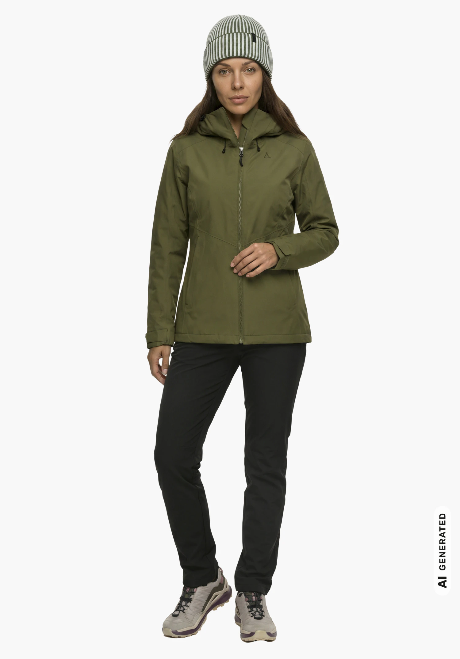 Ins Jacket Style Wildkar WMS in green with a visible Schöffel logo, worn by a female model standing upright in a side view against a white background. (AI-generated)