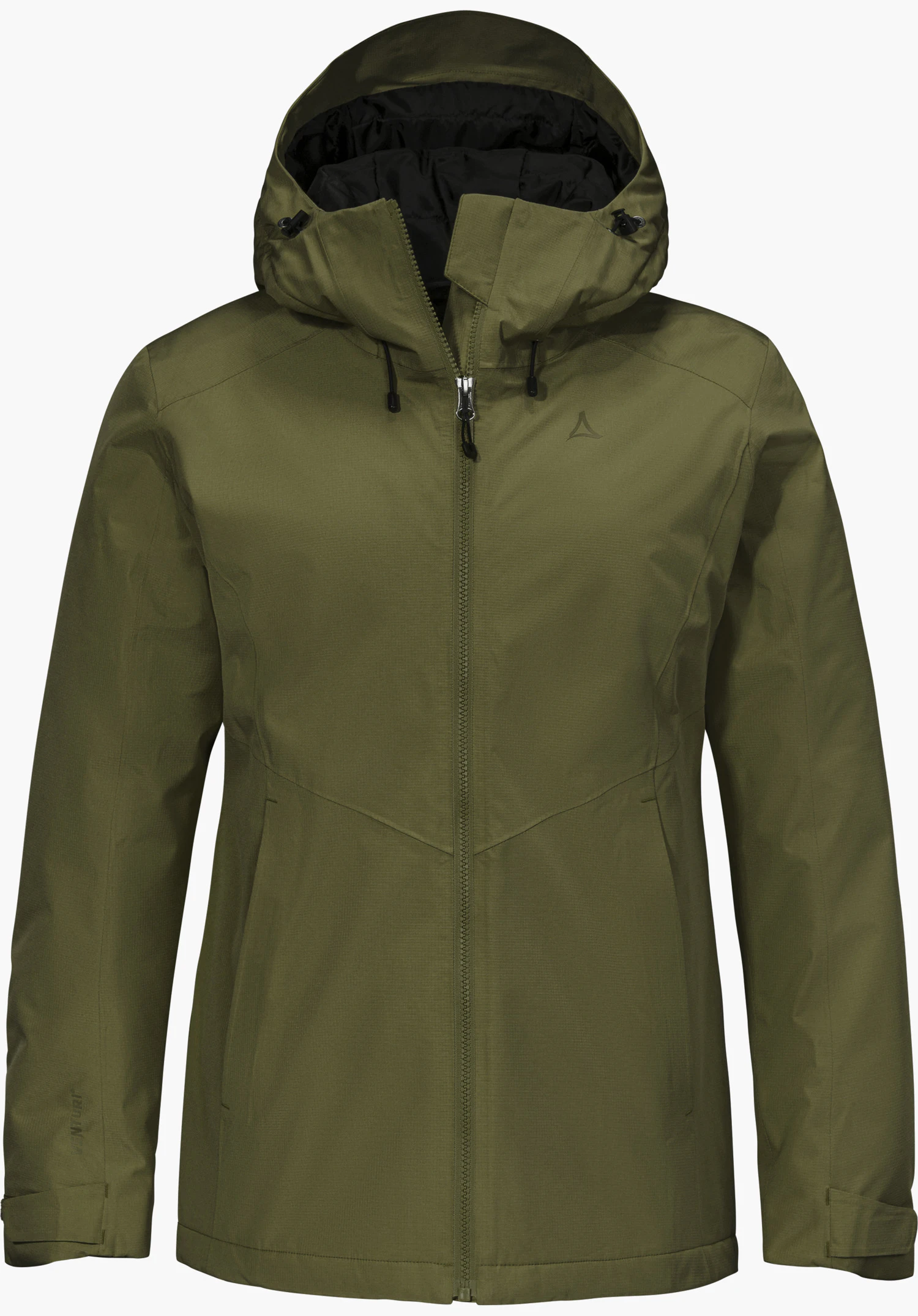 Ins Jacket Style Wildkar WMS in green with a hood and Schöffel logo, shown from the front and isolated on a white background.
