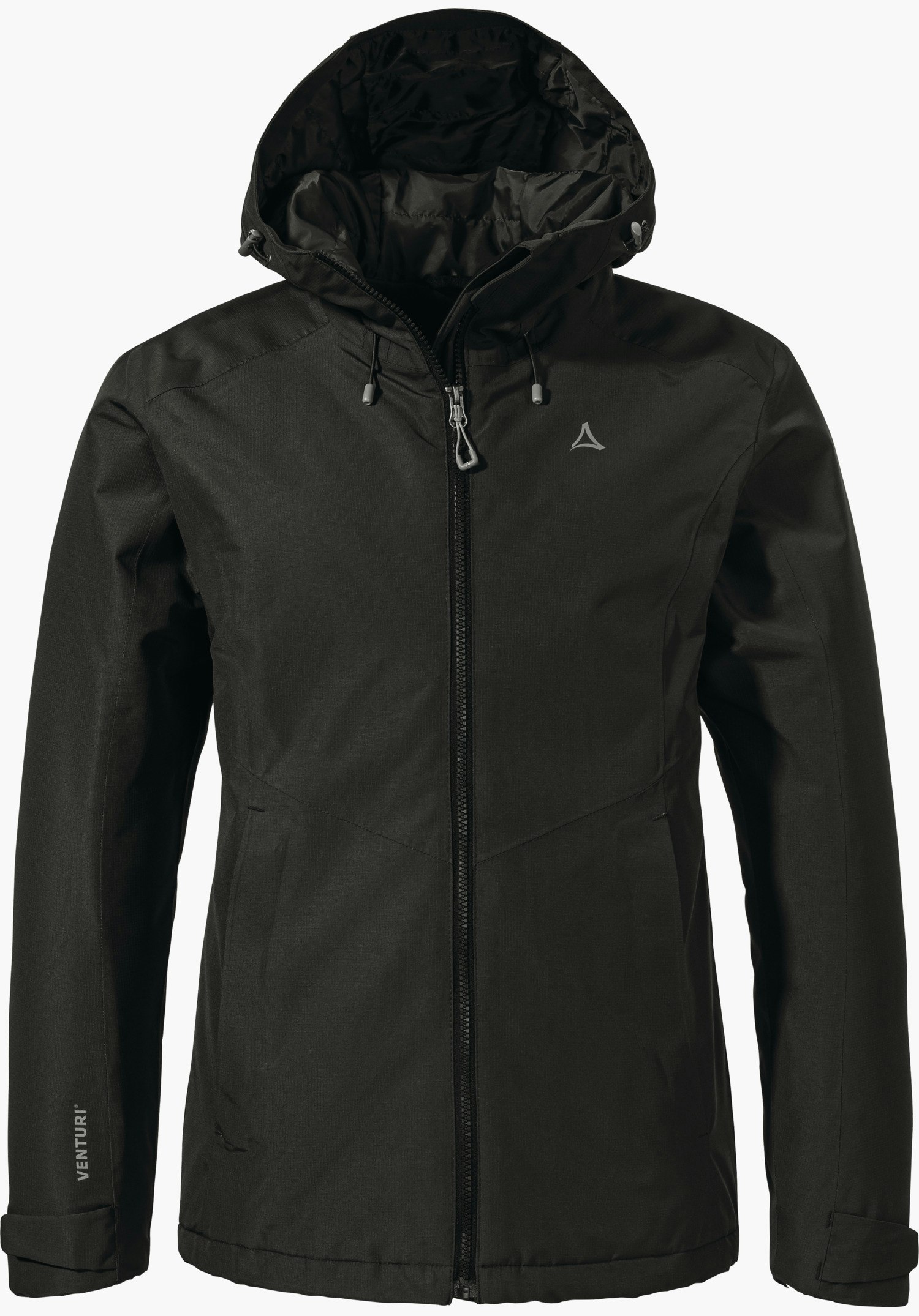 Ins Jacket Style Wildkar WMS veste noire avec capuche, fermeture éclair fermée, présentée debout sur fond blanc; logo Schöffel sur la poitrine; inscription « VENTURI® » sur la manche gauche.