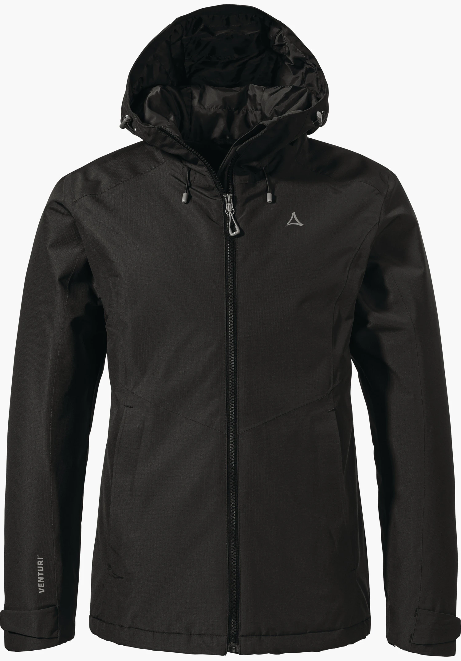 Ins Jacket Style Wildkar WMS schwarze Jacke mit Kapuze, geschlossenem Reißverschluss, aufrecht präsentiert vor weißem Hintergrund; Schöffel-Logo auf der Brust; Schriftzug "VENTURIÂ®" am linken Ärmel.