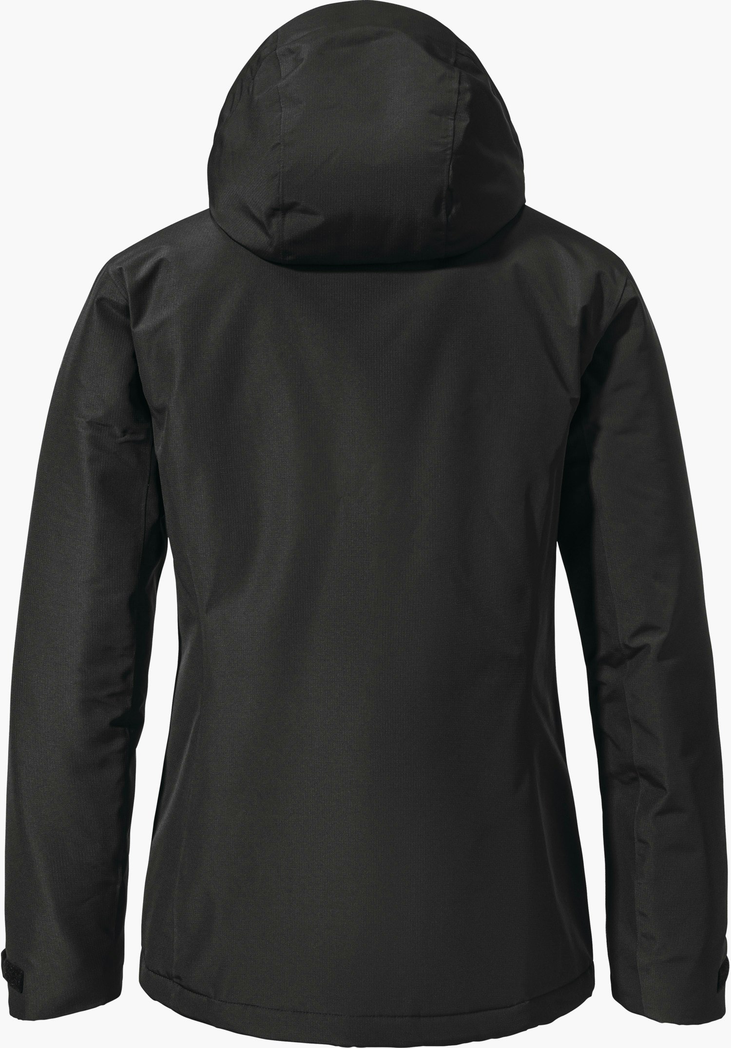 Ins Jacket Style Wildkar WMS Veste noire, présentée de dos avec capuche intégrée, tombe droit; surface lisse et résistante aux intempéries, manches longues, sur fond blanc sobre.