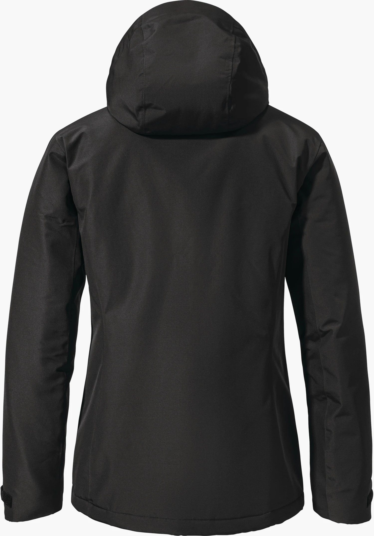 Ins Jacket Style Wildkar WMS schwarze Jacke, präsentiert Rückansicht mit angesetzter Kapuze, gerade hängend; glatte, wetterfeste Oberfläche und lange Ärmel vor schlichtem weißem Hintergrund.